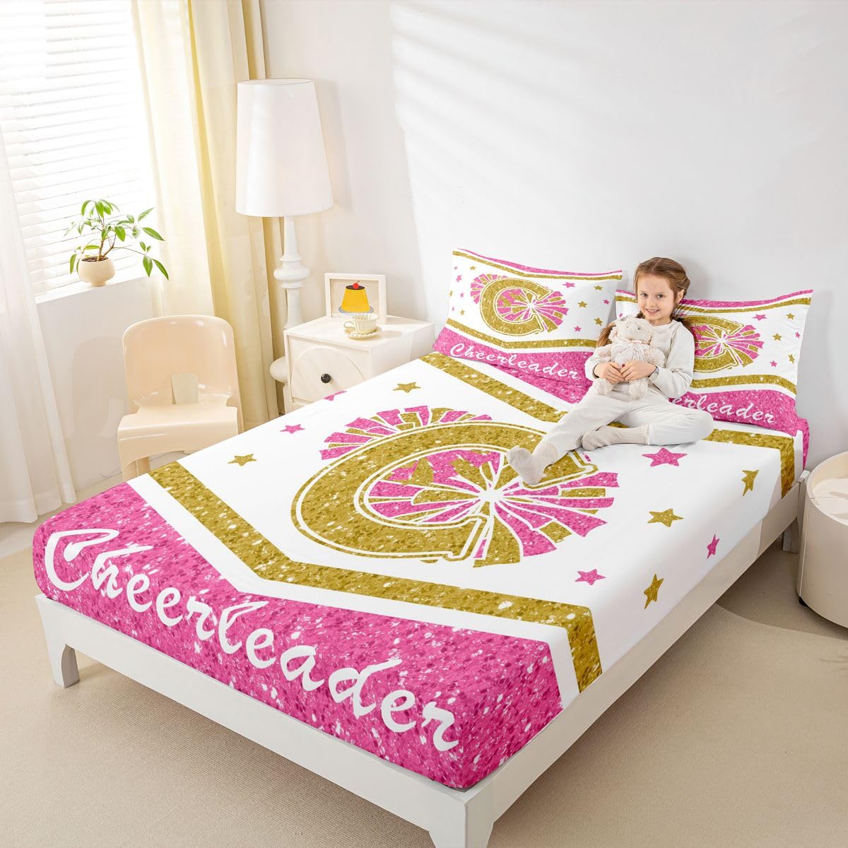 Juego de sábanas con inicial de letra C, sábana bajera ajustable con estampado de lentejuelas para animadoras ultrasuaves, decoración de habitación, tamaño King (sin sábana encimera)