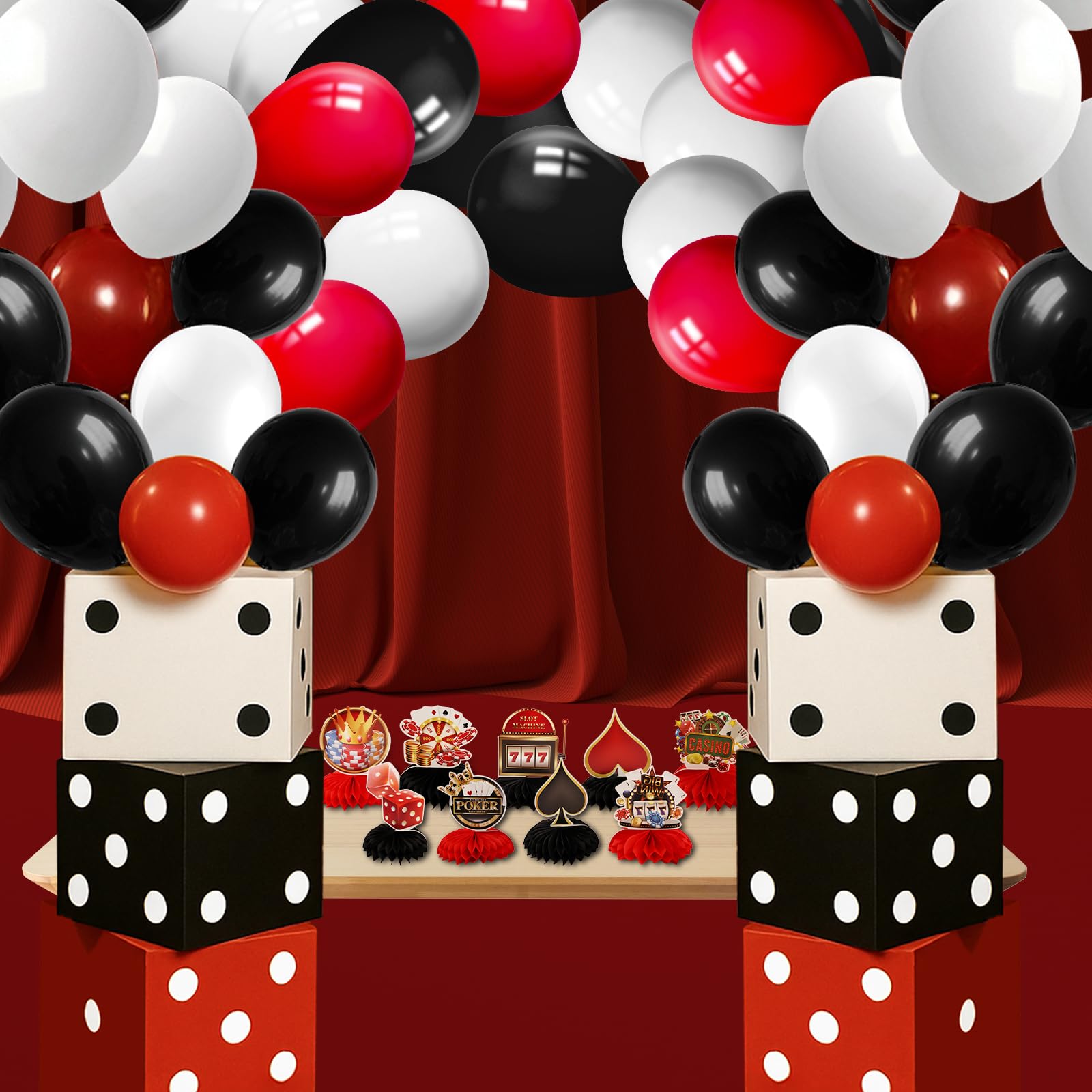63 Pcs Casino Themed Party Decorations, 6 Pcs 11 Inch Large Casino Night Dice Boxes 48 Pcs Red Black White Balloon 9 Pcs Casino Table Honeycomb for