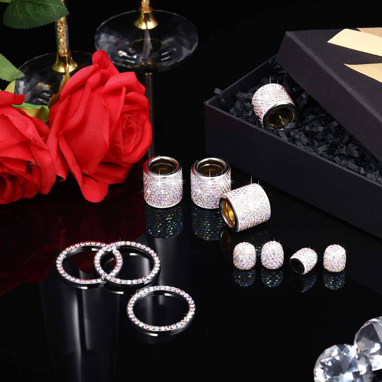 11 Pieces Crystal Bling Headrest Collar Rings Car Headrest Collar Ring Car Seat Rhinestone Decoration Valve Stem Caps Auto Engine Start Stop Decoration for Car Headrest Head Rest Collars (AB Color)