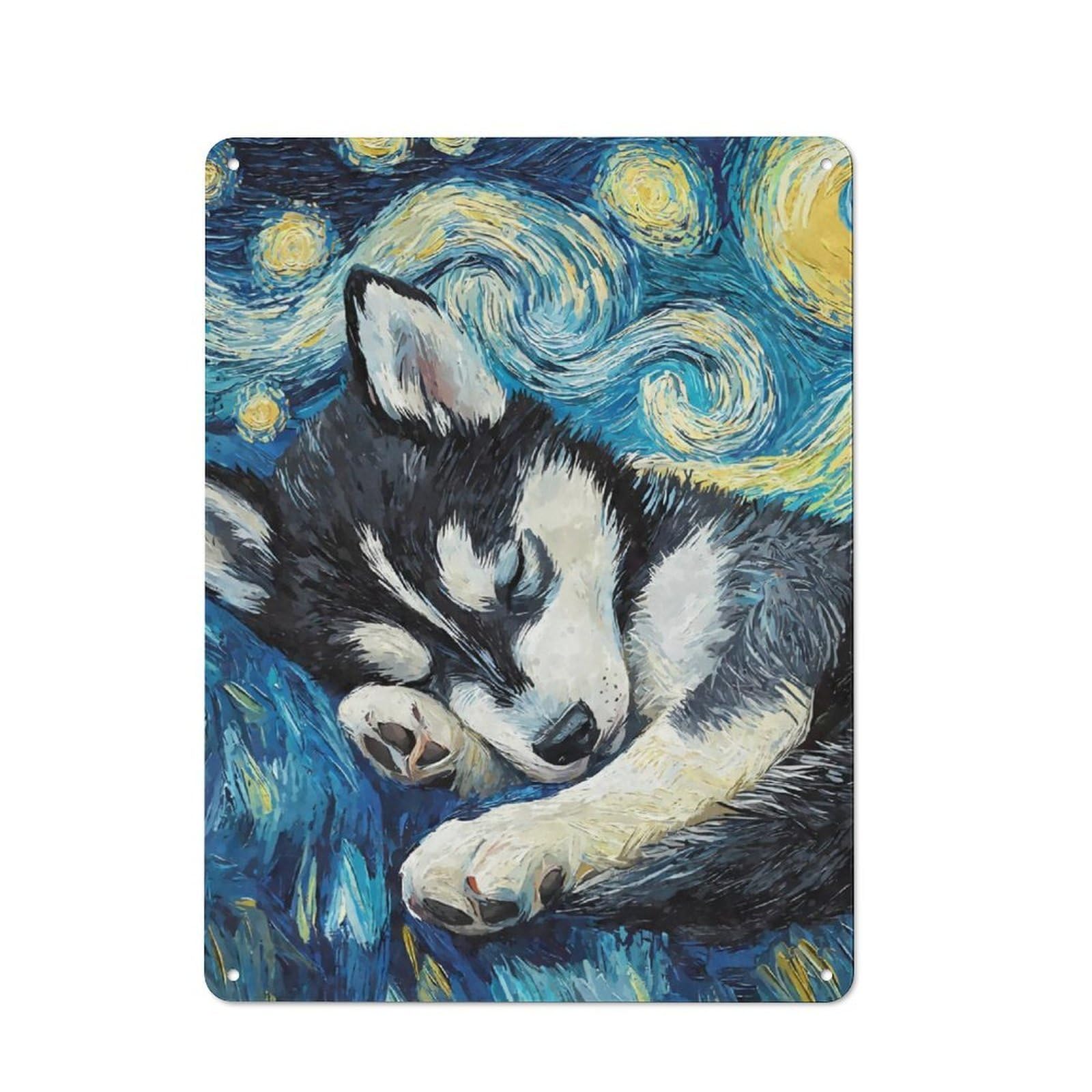 Junmoney Husky Puppy Starry Night Printed Metal Sign 40X30cm For Home Bar Wall, With Clear Vintage Wall Decor Character