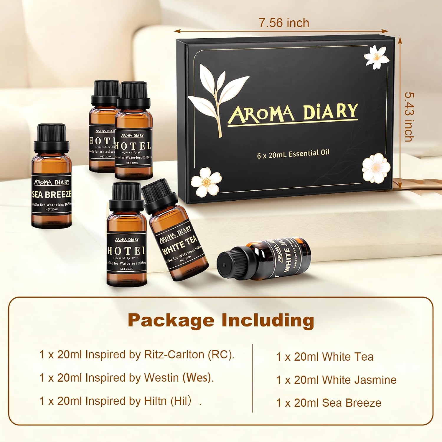 Essential Oil Set for Diffuser, 6x0.66fl oz Fragrance Oil Refill | Waterless Diffuser, Candle Making, Home Car Office Hotel, White Tea White Jasmine Sea Breeze, Aromatherapy Gift