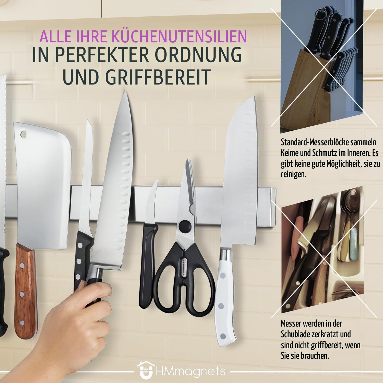 Premium 61cm Magnetleiste Messer für Wand (Große Größe) - Extra Starker Messerhalter Magnetisch - Platzsparende Messerleiste Magnetisch Mit Starker Zugkraft (Aktualisierte Version)