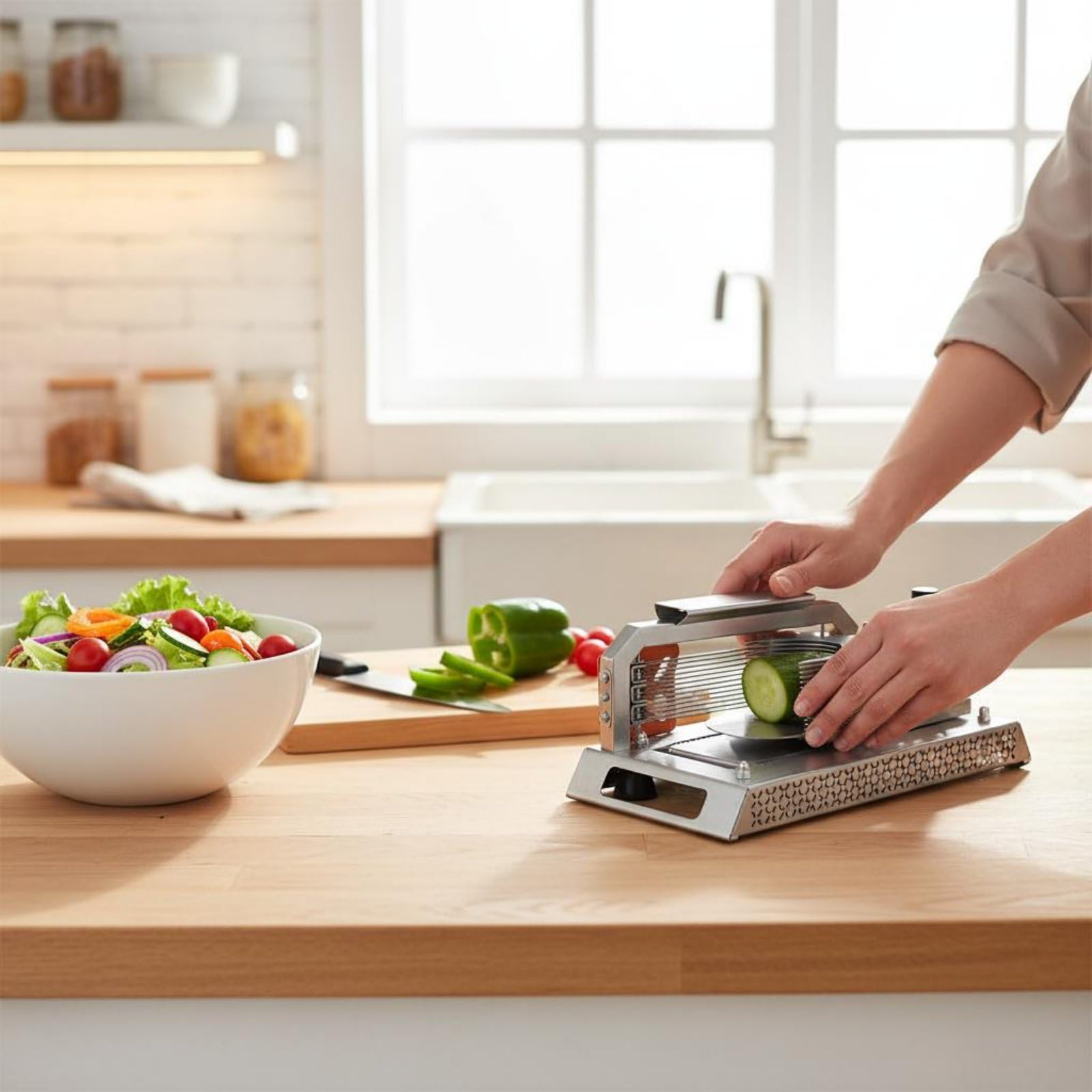 Qianly Manueller Tomatenschneider manuelle Bedienung Tomatenschneider gleichmäßige Scheiben Edelstahl Obstschneider für Gastronomiepersonal, Catering