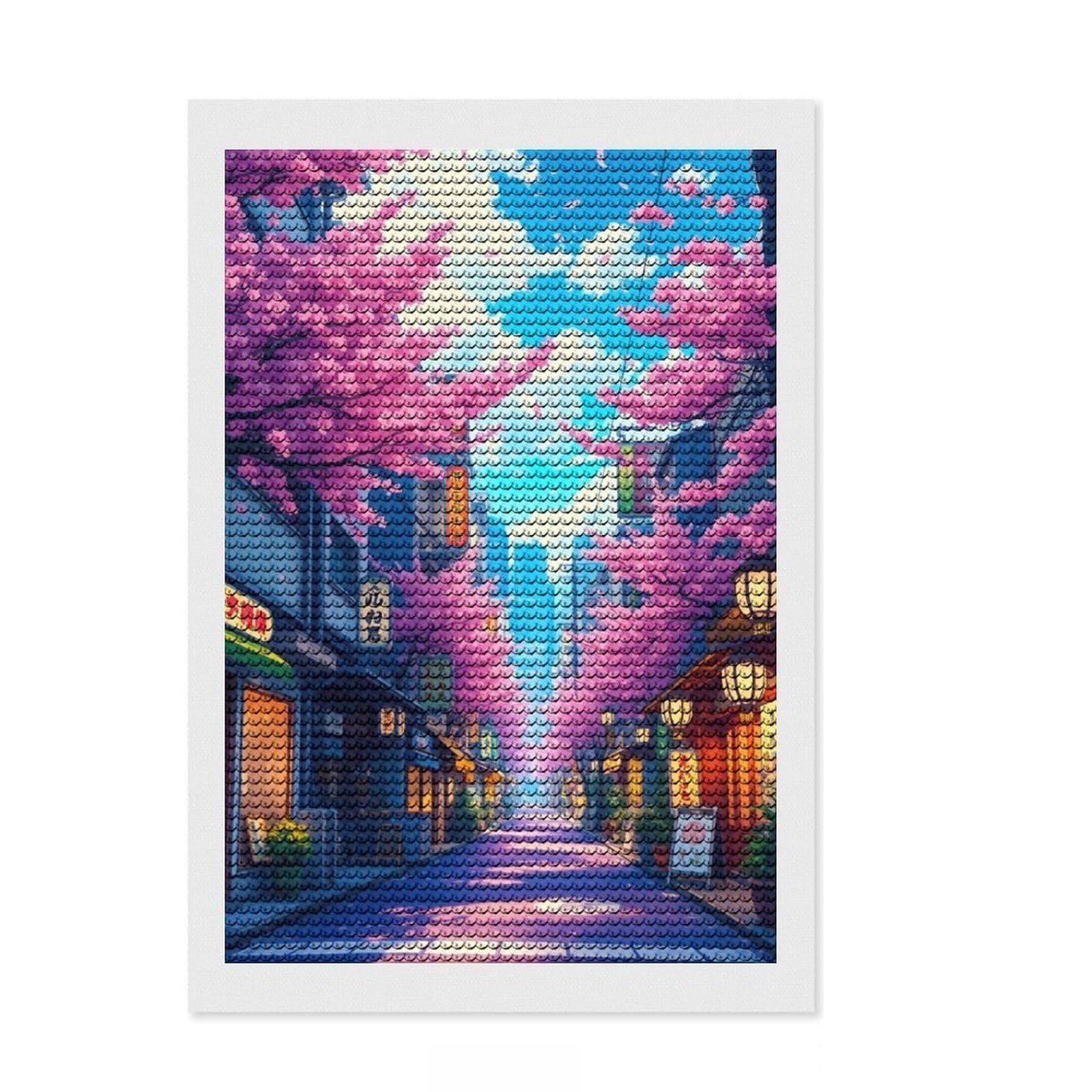 Junmoney Cherry Blossom Street DIY Diamond Art Canvas Kit 8"x12", Full Kit Included, Easy to Follow Symbols, Modern Decor, Holiday Gift Idea