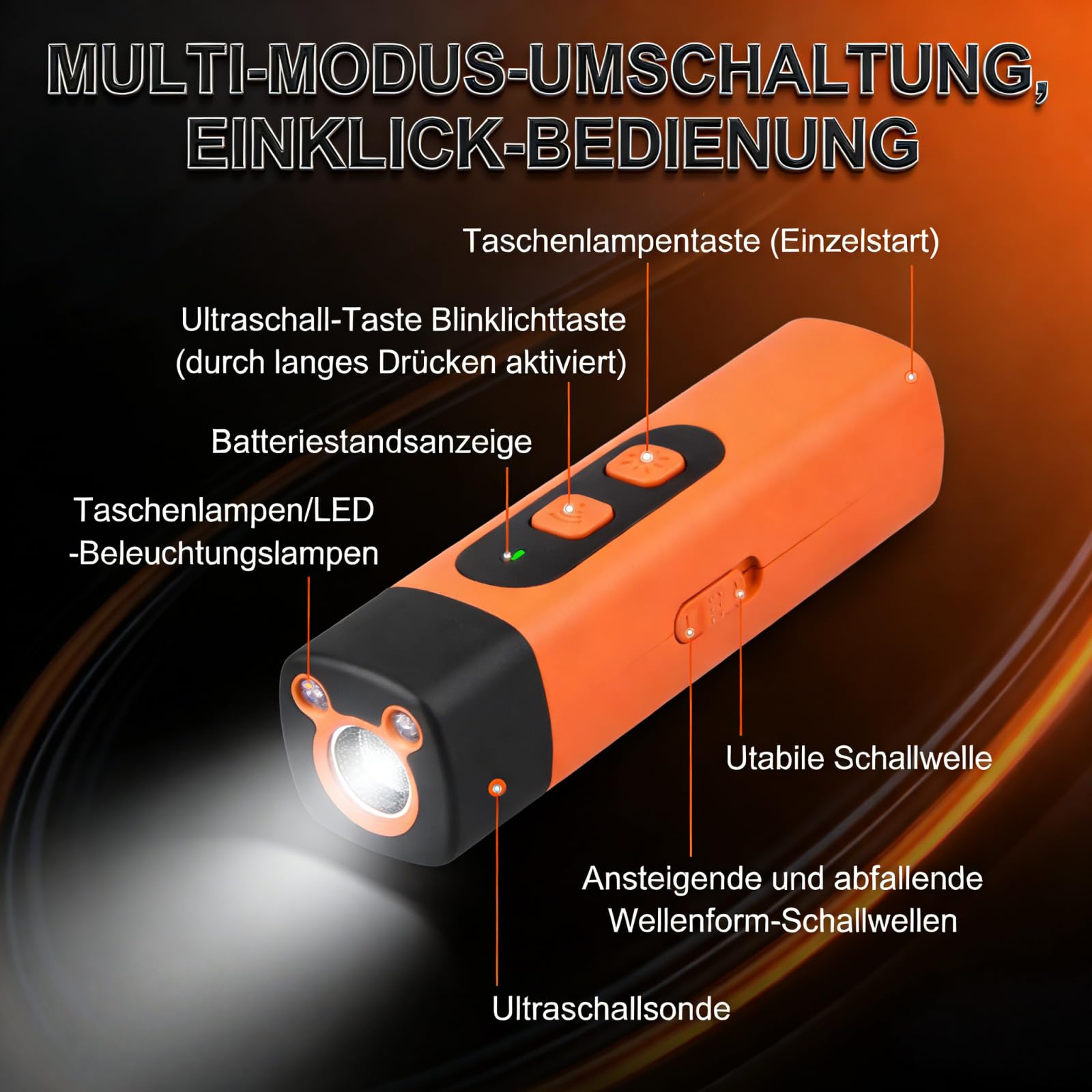 Dr Zampe RuheMeister Pro Antibell dispositivo ultrasonico con 3 livelli di frequenza, ricaricabile e torcia a LED, per cani piccoli e grandi, uso interno ed esterno (arancione)