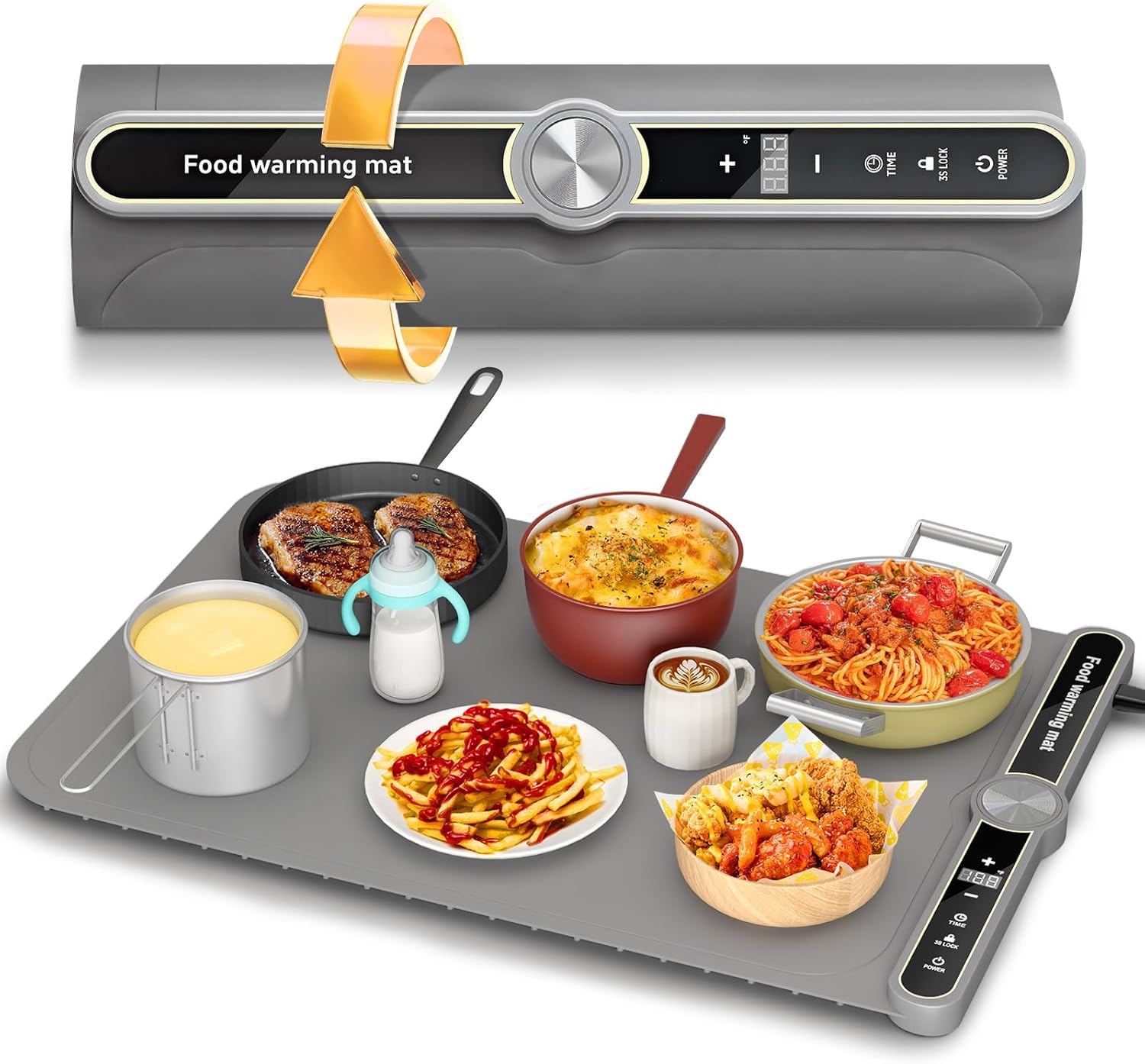 Food Warming Mat - Fast Heating Silicone Electric Warming Tray with 9 Level Temperature, 0-6 Hours Timer Raised Feet Protects Countertop, Portable Food Warmer Pad for Parties Home Buffet