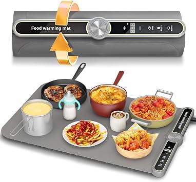 Food Warming Mat - Fast Heating Silicone Electric Warming Tray with 9 Level Temperature, 0-6 Hours Timer Raised Feet Protects Countertop, Portable Food Warmer Pad for Parties Home Buffet