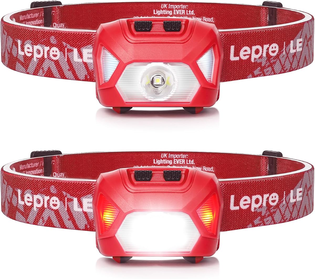 Faro delantero LED impermeable con batería Lepro, paquete de 2 - Rojo | Súper brillante, Foco y reflector, Luz roja, Diadema ajustable, Camping, Senderismo, Cortes de energía, Pilas AAA no incluidas