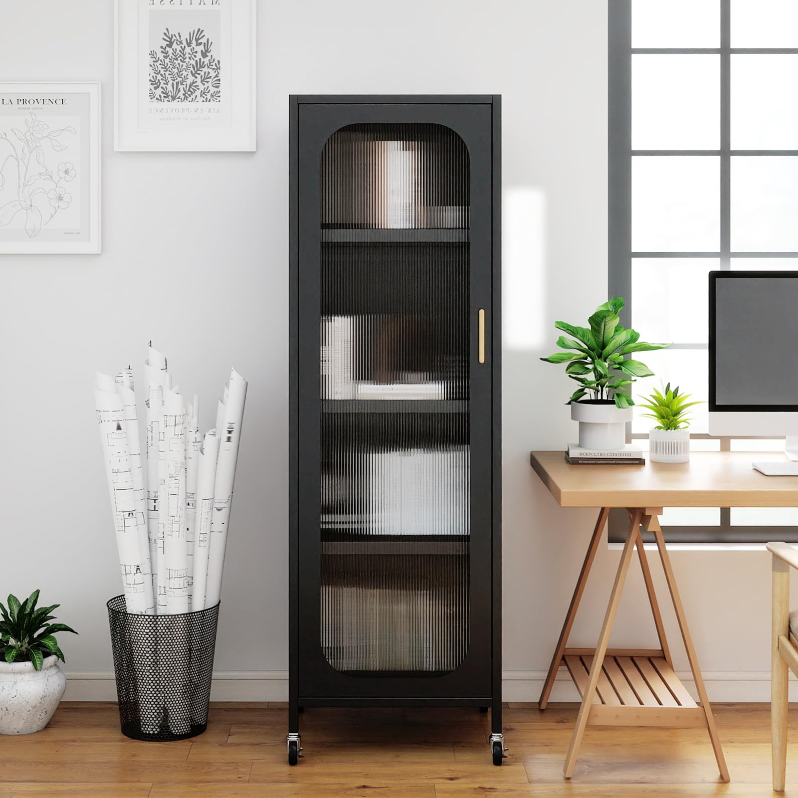 COSTWAY Mobile da Cucina in Metallo a 5 Ripiani, Credenza Salvaspazio con Mensole Regolabili 4 Ruote, Base Intercambiabile e Porta Semitrasparente, Organizzatore per Sala da Pranzo, Soggiorno (Nero)