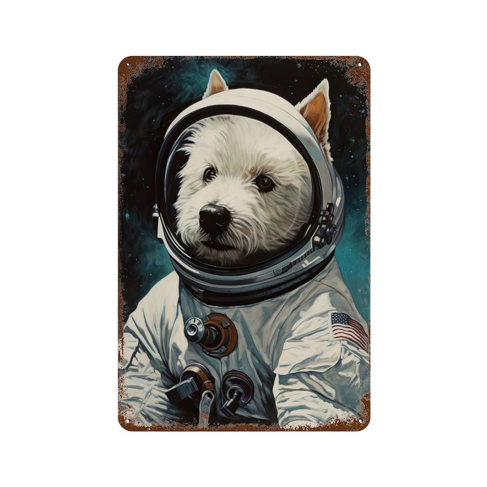 Westie Dog The Astronaut 11.8"x7.9" Weathered Tin Sign, Decorative Metal Wall Art for Cafe, Home Bar And Lounge Decor