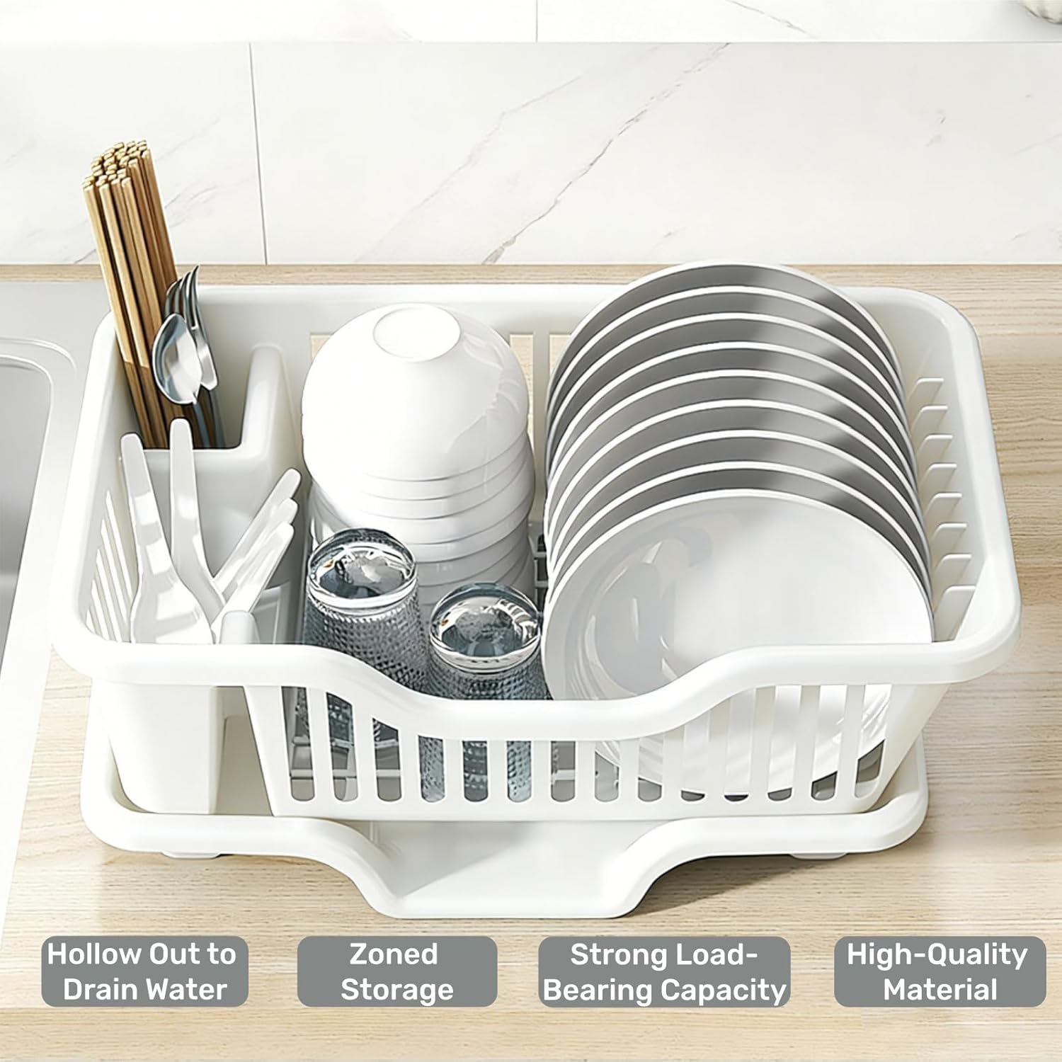 Noamus 2-Piece Plastic Dish Drying Rack, Heavy Duty Sink Set Dish Rack, White Large Drainer with Attached Drainboard Utensil Cup Holders for Home Kitchen Counter Top Organizers