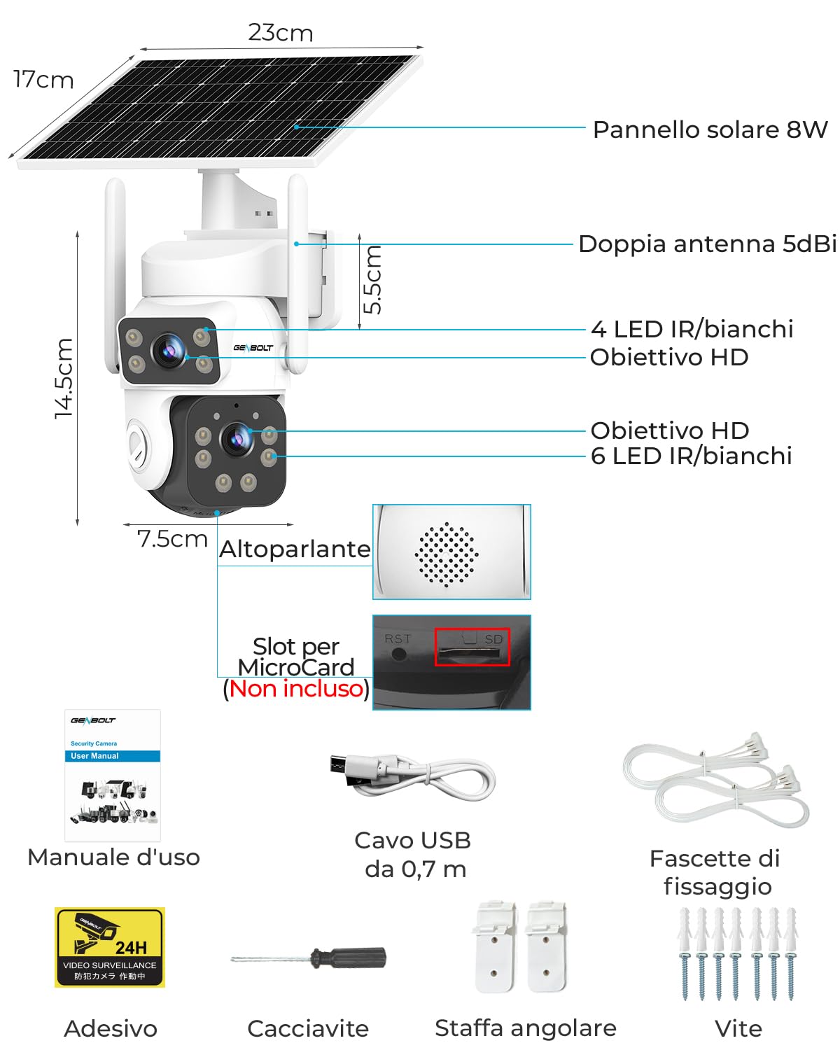 GENBOLT 2K AOV Telecamera Wi-Fi Solare Esterno Senza Fili Sicurezza Esterni | Doppio Obiettivo 3MP*2,Registrazione 7/24,CCTV Camera con Pannello Solare 8W 14400mAh,Videocamera Sorveglianza, IP66,2.4&5GHz