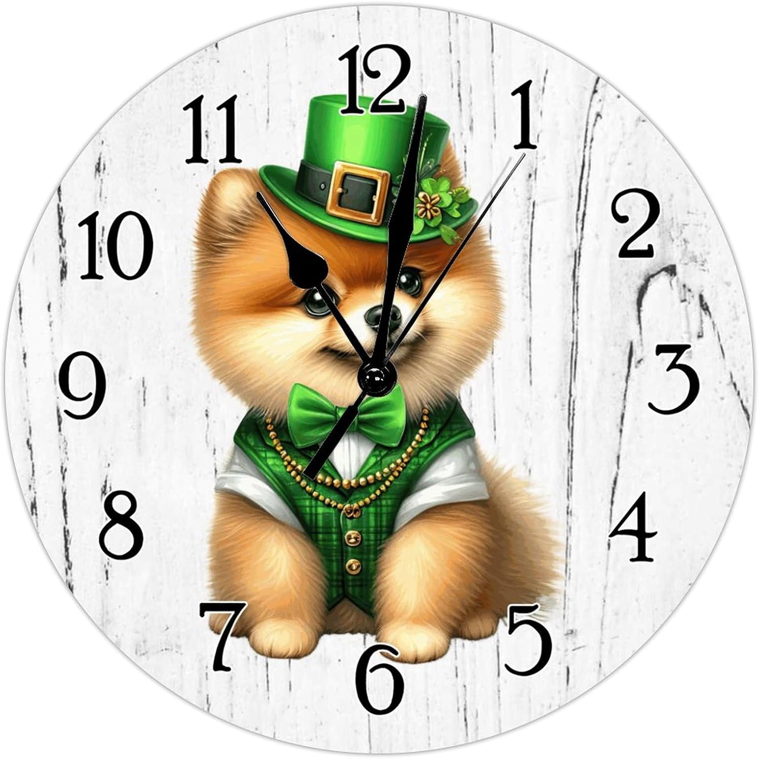 Clock Pomeranian Dog St. Patrick's Day Wall Clock Pomeranian Dog Green Leprechaun Hat Leaf Hanging Wall Clocks Non-Ticking Battery Operated Round Clock Dog Lover Gift Pet Clocks 12x12in
