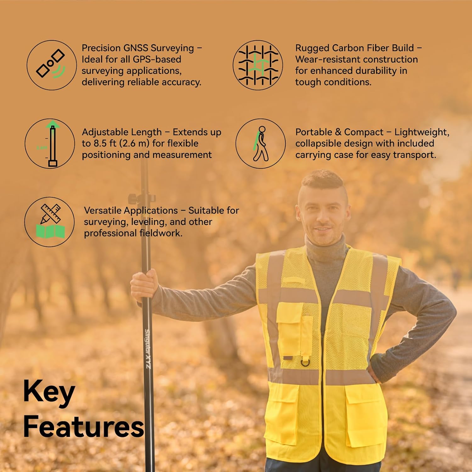 Carbon Fiber & Aluminum GPS Pole – Telescopic 8.5ft/2.6m GPS Survey Pole with Screw Lock & Locking Pin, Metric-Feet Dual Scales, Bubble Level, Steel Point for RTK GNSS Surveying