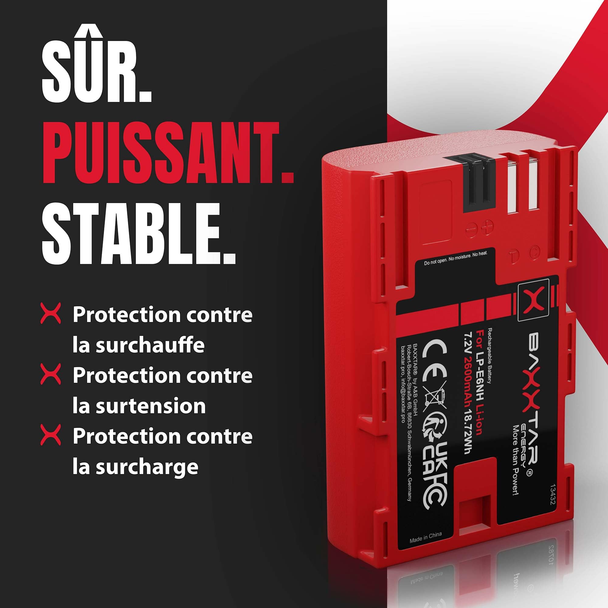 Baxxtar Pro 2X Batterie LP-E6NH 2600mAh – Remplacement pour Canon LP-E6 LP-E6N LP-E6NH – Compatible avec EOS R5 R6 R6II R7 5D III/IV 6D 7D 90D – cellules certifiées UL