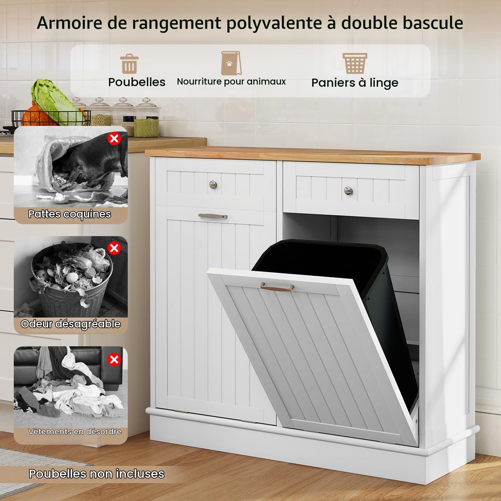 COSTWAY Meuble Cuisine avec 2 Tiroirs, Buffet Cuisine avec 2 Placards 40L, Meuble Poubelle Rangement avec Planche à Découper Amovible, pour Cuisine, Salle de Bain (100 x 33 x 90 cm,Blanc Naturel)