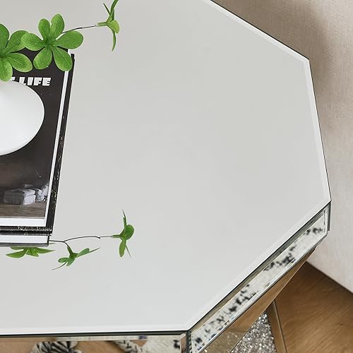 Miniatura 13 de SSLine Mesa auxiliar cuadrada con espejo con luces LED, mesita de noche con espejo, mesa auxiliar de espejo con acabado plateado para dormitorio,