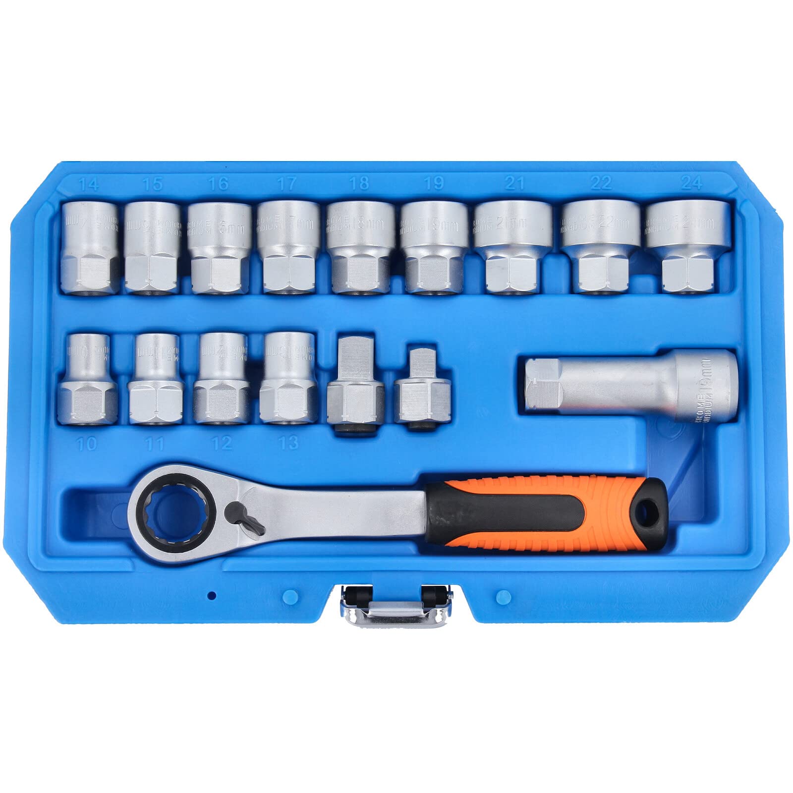 GEPCO Jeu de clés à douille traversantes 10-24 mm et cliquet réversible 19 mm 3/8" 1/2" 17 pièces