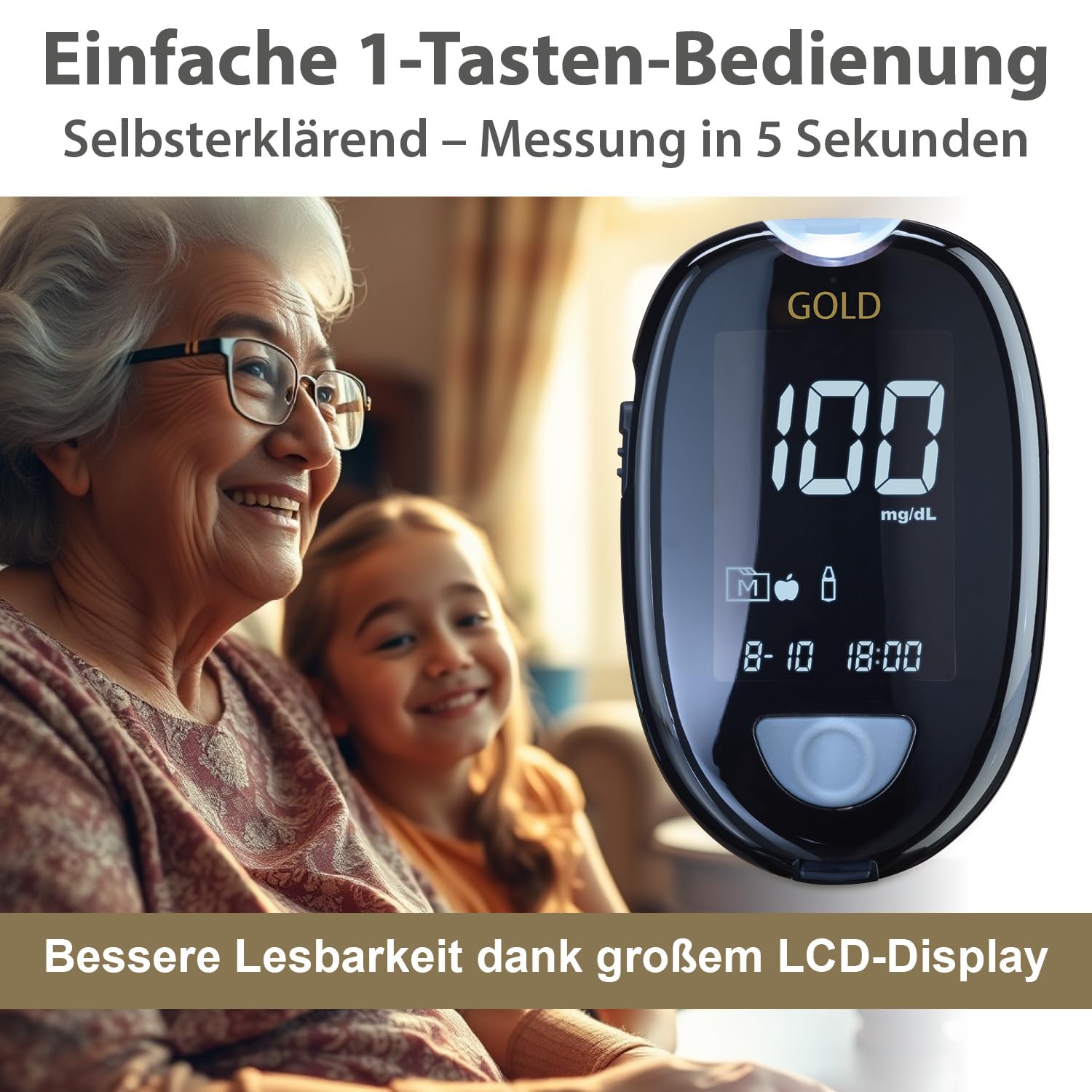GlucoCheck GOLD Blutzuckermessgerät-Set (mg/dL) mit 60 Blutzuckerteststreifen, 10 Lanzetten, 1 Stechhilfe, 1 Etui, Sparset zur Blutzucker-Selbstkontrolle