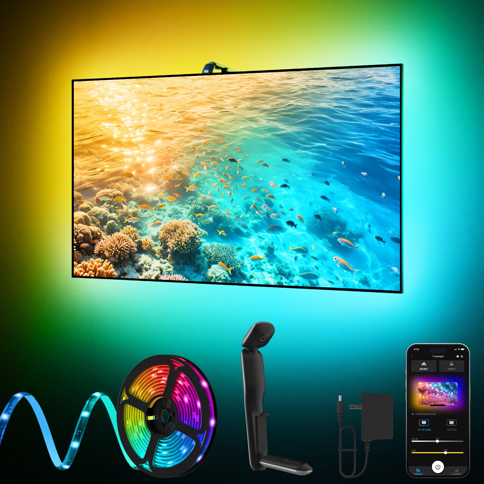 Photo 1 of **NON-FUNCTIONAL** KANTUTOE TV LED Backlight Sync to Screen, 20.34ft LED Lights for 65-100 Inch TVs & PC Monitors, Smart App Control TV Lights That Change with TV, Backlight with Camera, Music Sync Strip Lighting