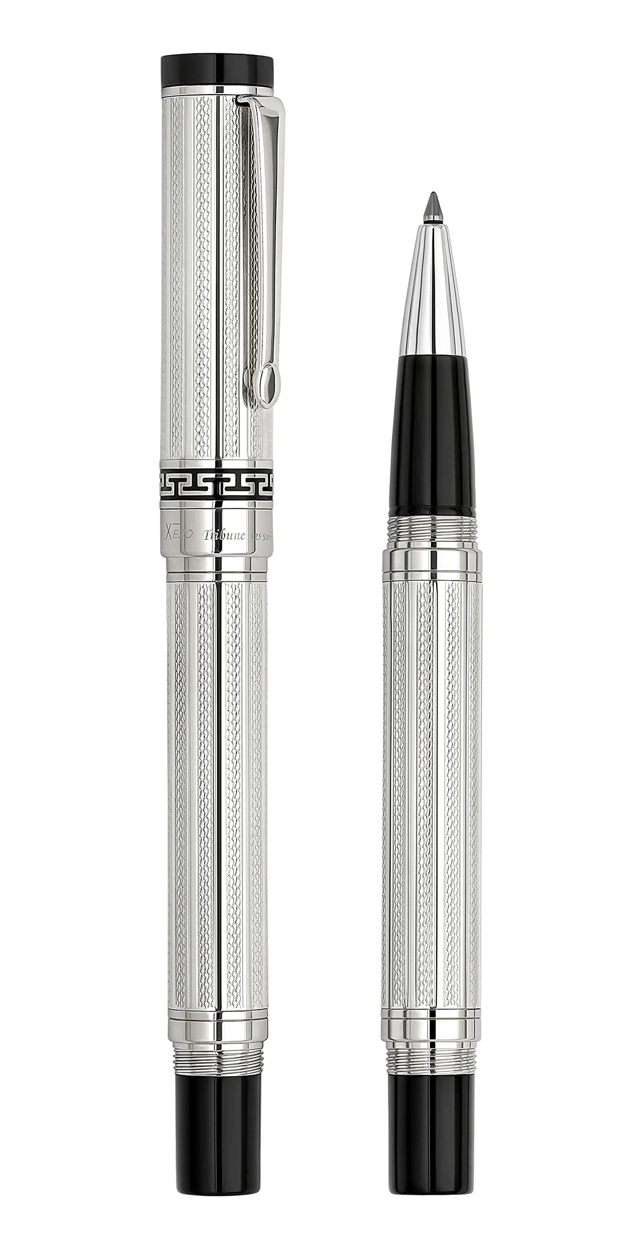 Xezo Tribune Rollerball Stift aus 925er Sterlingsilber, Feine Spitze. Platinbeschichtet. Handguilloche graviert und seriennummeriert