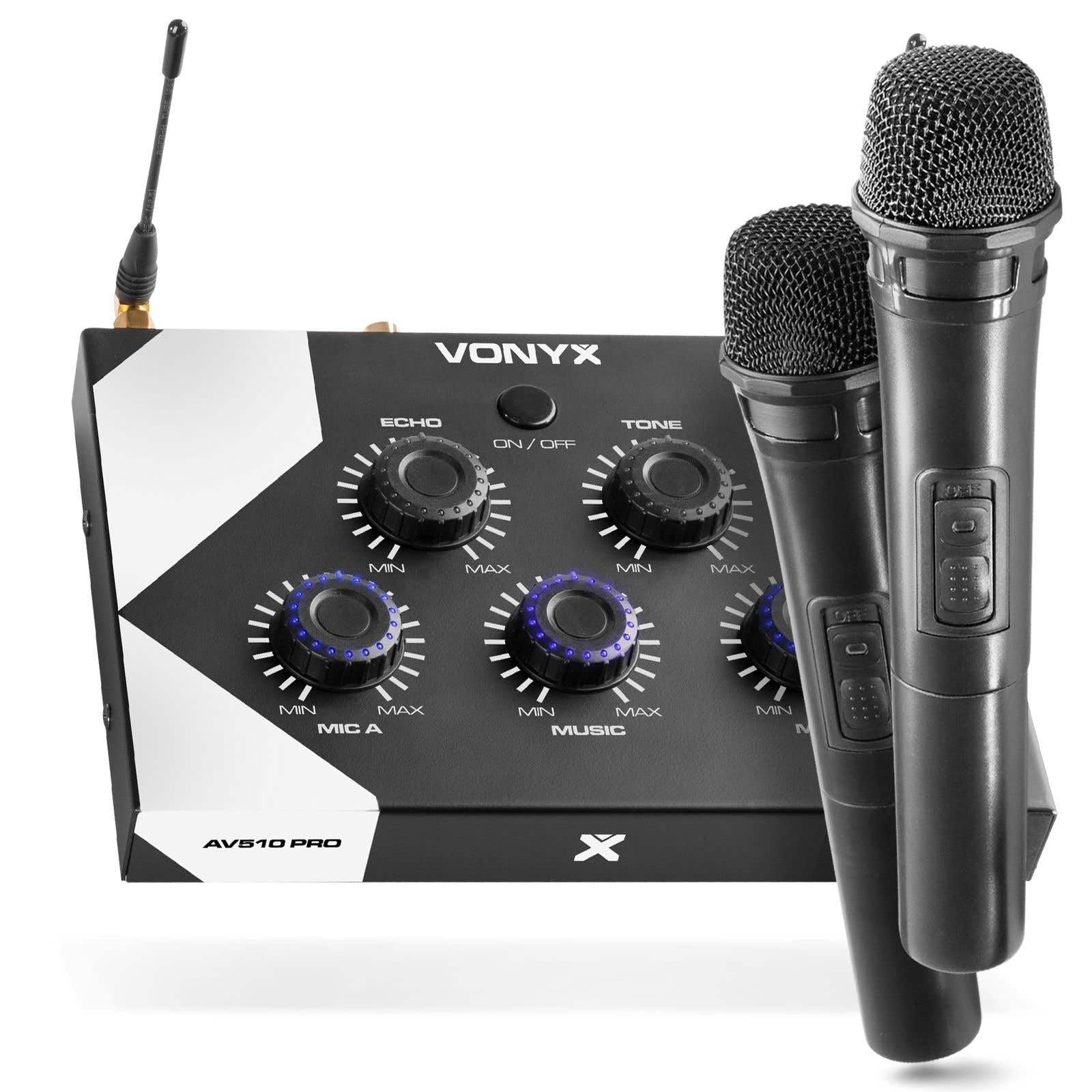 Vonyx AV510 PRO Karaoke Mikrofon Set mit 2X drahtlosen UHF Mikrofonen und Karaoke Mixer, KTV Set, Bluetooth Handmikrofon, Dynamisches Funkmikrofon System, für Zuhause, DJ, Kneipe - Schwarz