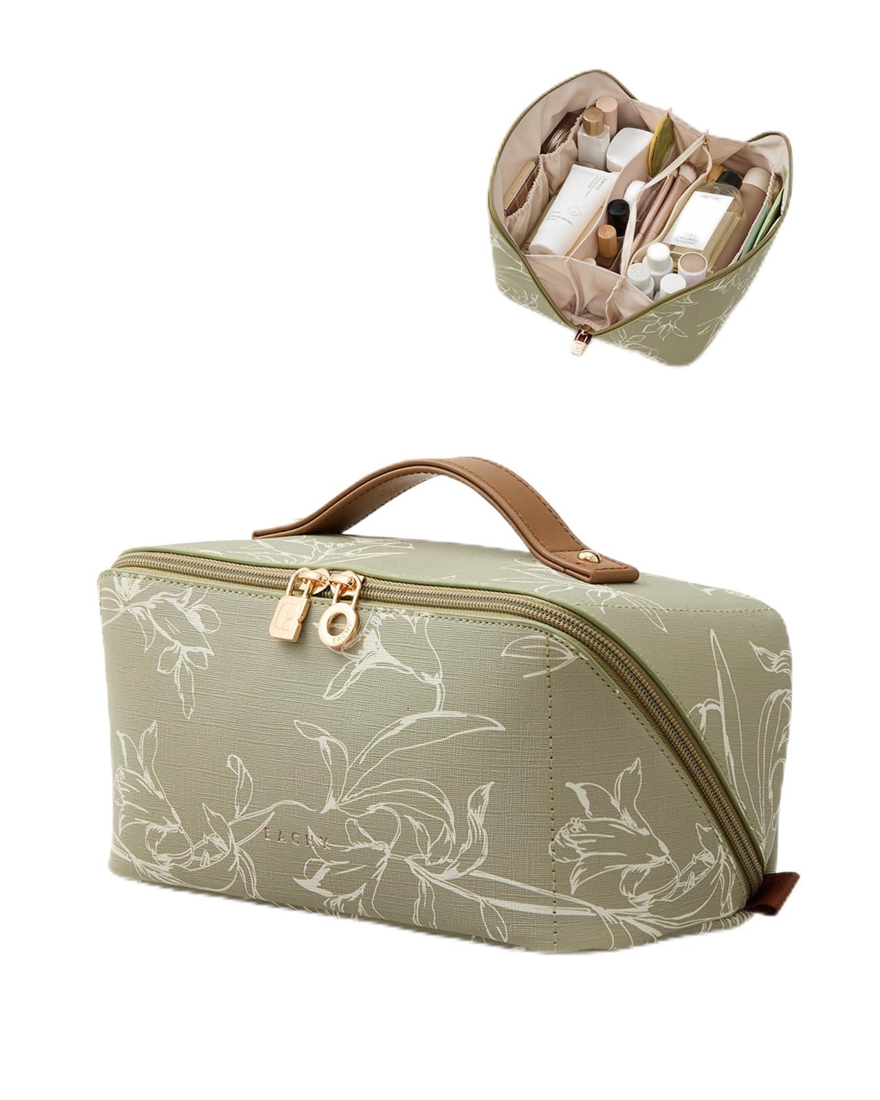 EACHY Travel Makeup Bag, Floral Cosmetic Bag for Women, Green, Large