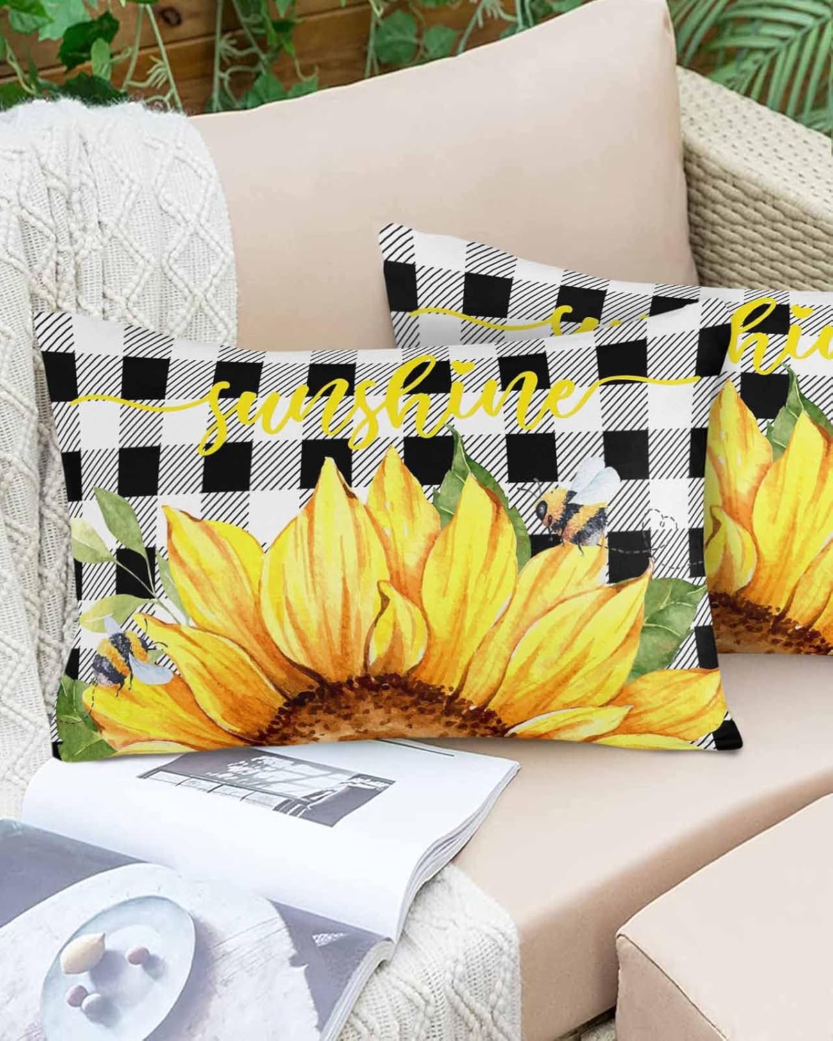 Outdoor Waterproof Throw Pillows Sunflower Bee Black White Plaid Patio Pillows Pack of 2,Decorative Pillow Covers with Insert,Pillow Cushion Case for Indoor Garden Couch Sofa Farm Yellow Floral