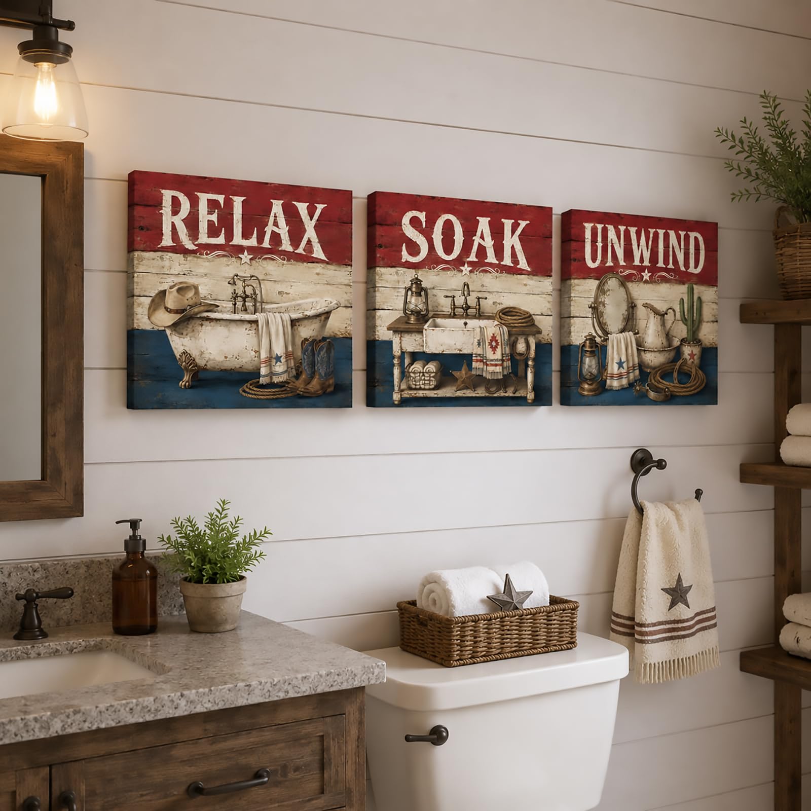 Conipit Decorazione da parete rustica occidentale per bagno, relax, rilassati, decorazione da parete per casa colonica, con vasca da bagno, accessori occidentali, stampe da parete in stile country