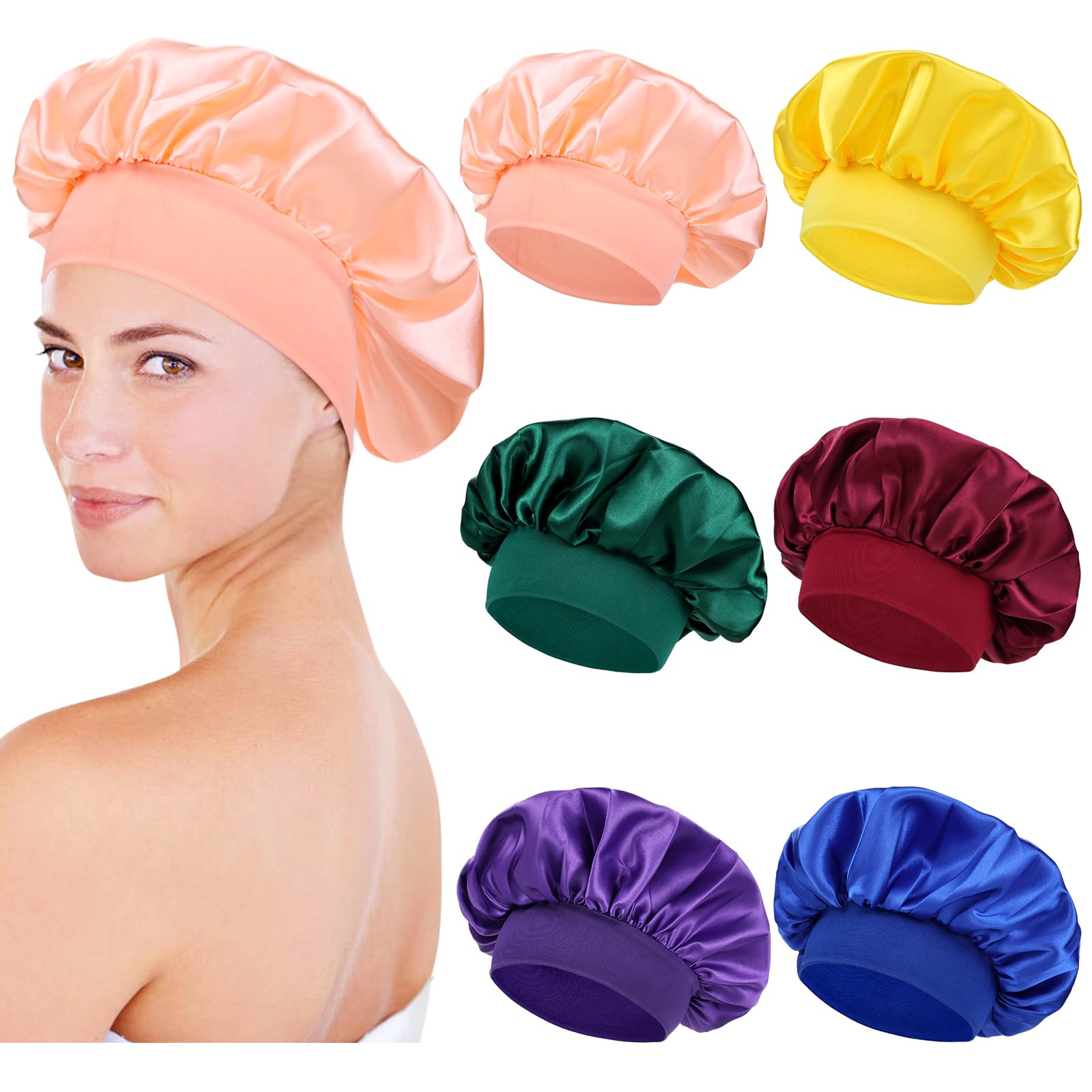 Lawie 6 Pack Colors Satin Lined Silky Sleeping Bonnets Shower Caps Curly Long Hair Protector Night Large Adjustable Wide Brim Band Sleep Hats Hair