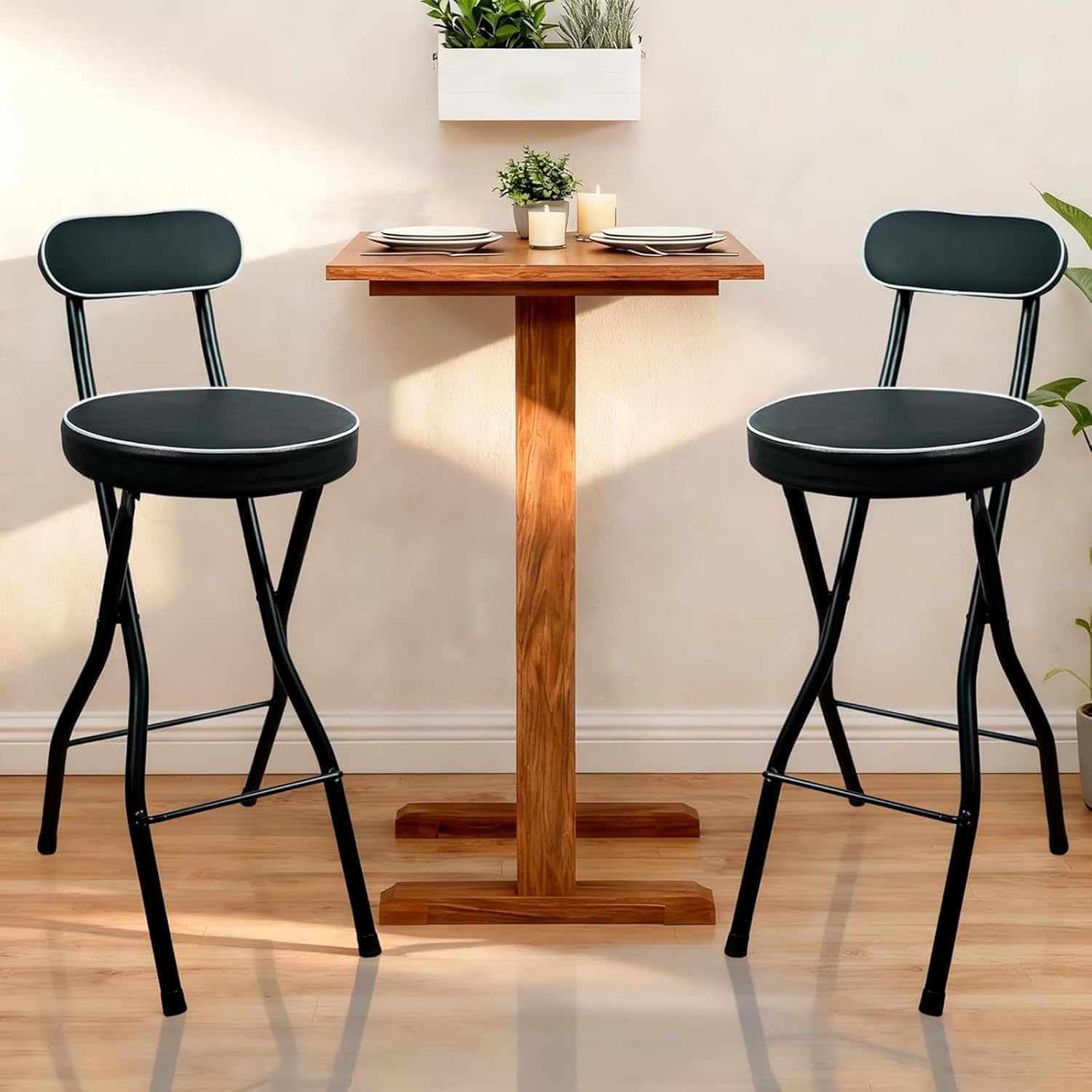 Folding Stool with Backrest, Round Leather Padded Portable Folding Chair, Home Office Chair, Suitable for Kitchen Islands, Cafes, Restaurants Black legs - Black surface 26x40x55cm/10.2x15.7x21.7in