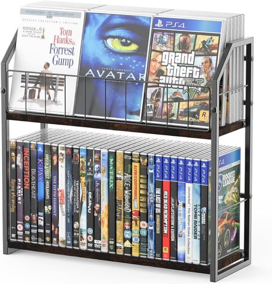 2-Tier DVD Storage Rack, DVD Shelf for Non-slip Feets, DVD Holder Display with 10lb per Tier, Stores Up to 56 DVDs, Display Organizer Tower for Music Enthusiasts and Collection