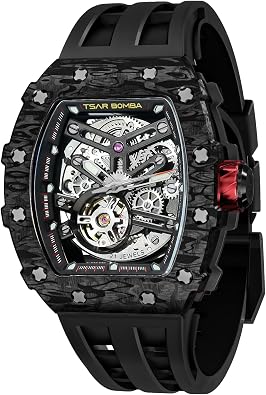 TSAR BOMBA Mens Automatic Watch Luxury Skeleton Watches for Men Mechanical 50M Waterproof Analogue Tonneau Watches Mens Unique Cool Square Big Face Dial Wristwatch Gift for Men