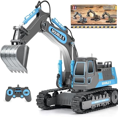 DOUBLE E Remote Control Excavator Toy RC Excavators Rechargeable Battery Digger Hydraulic Construction Toys Vehicles Xmas Gift for Boys Girls Kids 3-14 Years，Gray-Blue