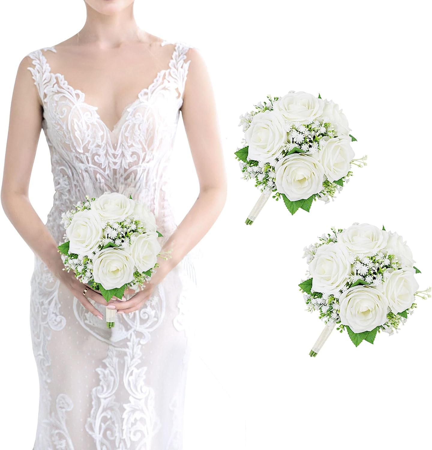 Set of 2 Bridesmaid Bouquets for Wedding - 7 Inch Ivory White Fake Flower Bouquet for Bridesmaid, Silk Rose Artificial Babys Breath Small Bouquet Handmade for Bridal Shower Ceremony Anniversary