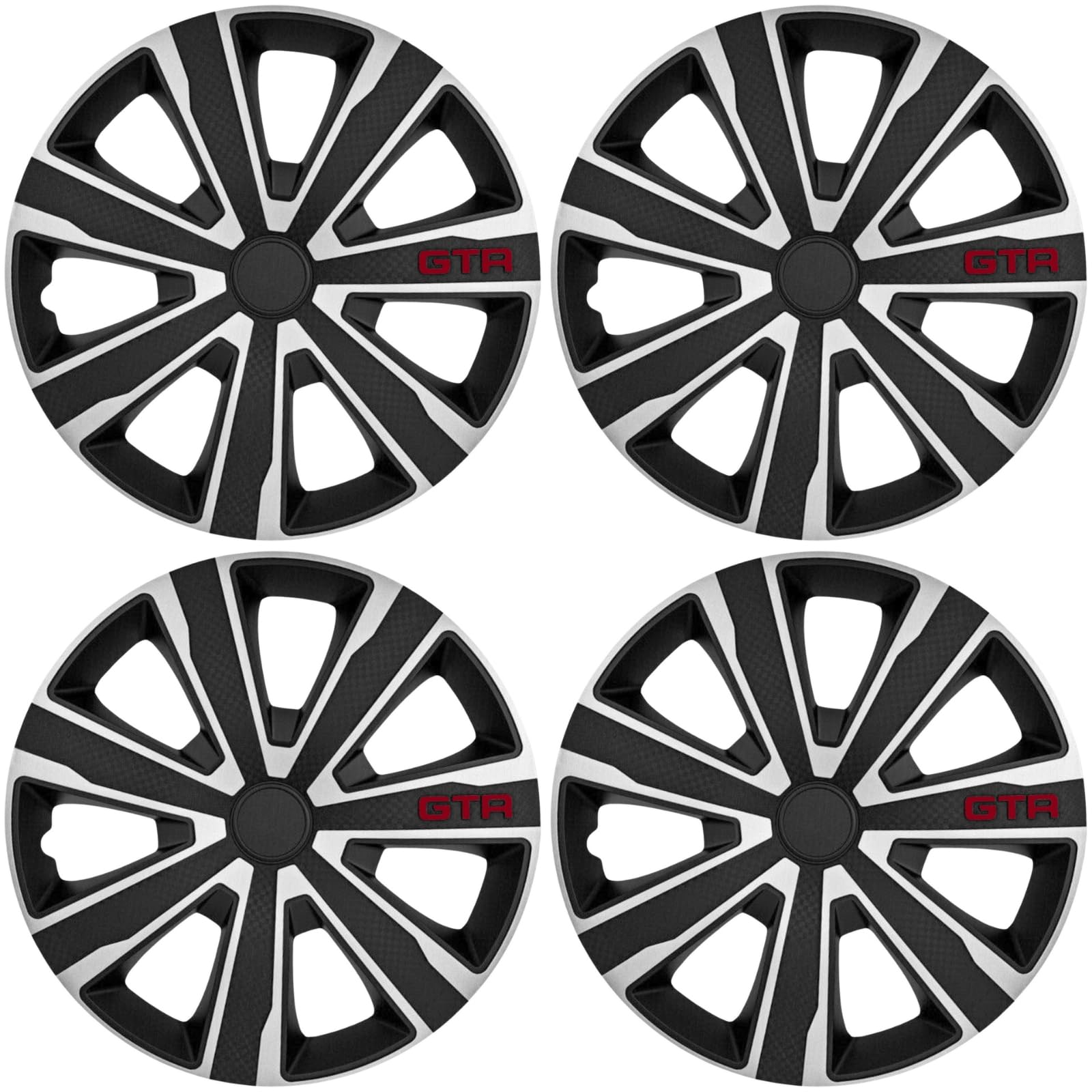 Copricerchi di alta qualità, 15 pollici, in nero e argento opaco, con scritta, set di 4 copricerchi per cerchioni in acciaio, per una protezione ottimale dei cerchioni (GTR/nero/argento opaco +