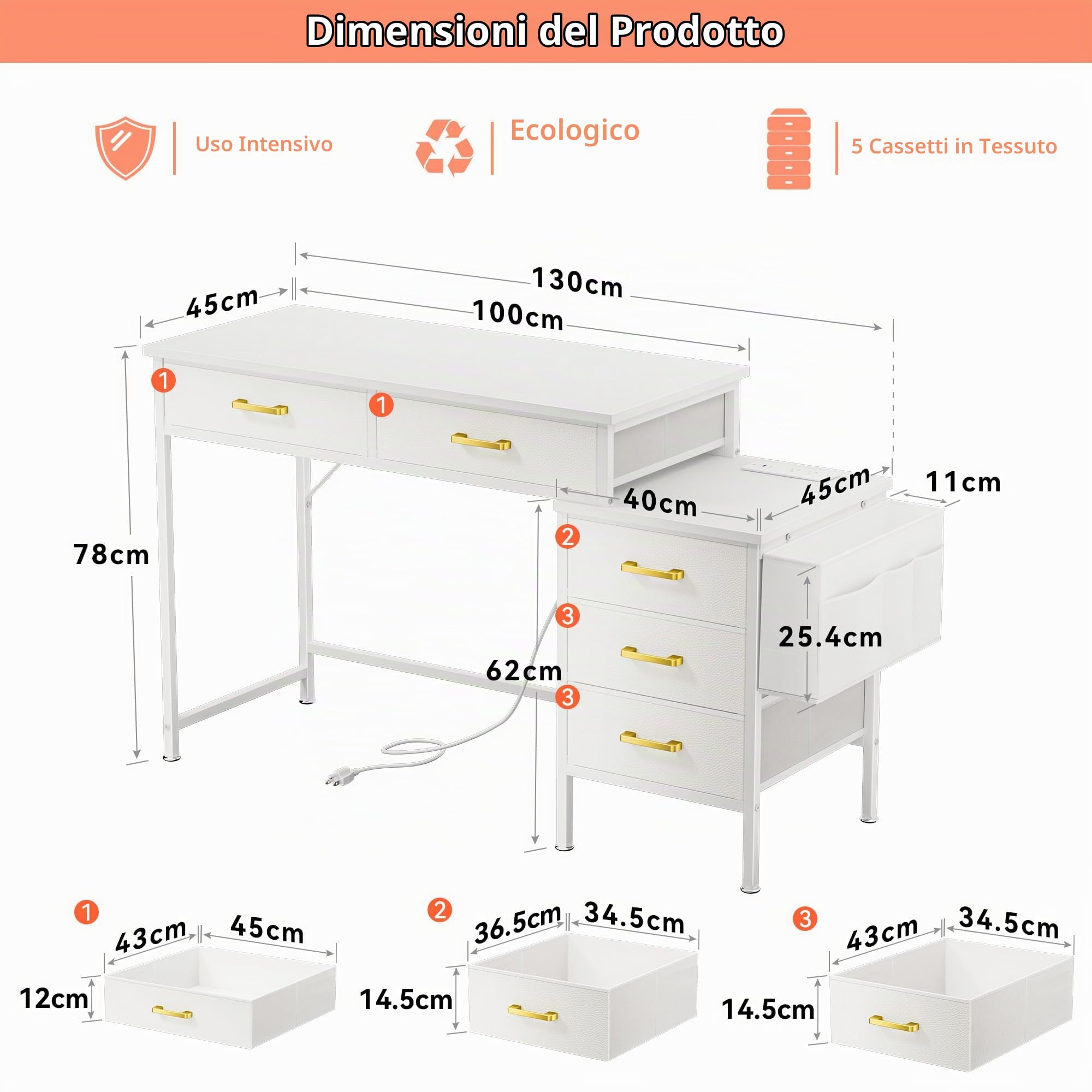 Scrivania per computer, Scrivania Ufficio con 5 Tessuto Cassetti, scrivania con Presa di Corrente, 2 Prese CA, 2 Porte USB, per Tastiera Ufficio Casa, Bianco 130 x45x78cm
