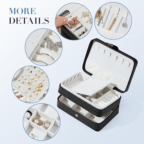Miniatura 4 de Estuche de joyería de viaje, caja organizadora de joyas portátil con 3 capas de almacenamiento de piel sintética para aretes, collares, anillos