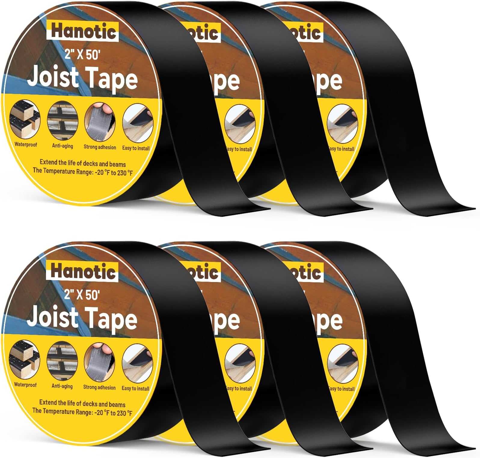 Joist Tape for Decking 50mm x 15.2m (2'' X 50'), 6 Rolls Weather Resistance Butyl Tape, Waterproof and Anti-Corrosion, Self-Adhesive for Wood Joists Decks Beams Roof Rv