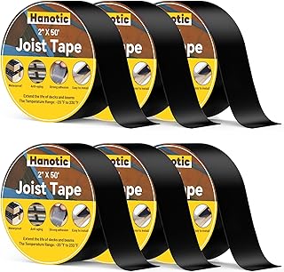 Joist Tape for Decking 2'' X 50', 6 Rolls Weather Resistance Butyl Tape, Waterproof and Anti-Corrosion, Self-Adhesive for Wood Joists Decks Beams Roof Extend Deck Life