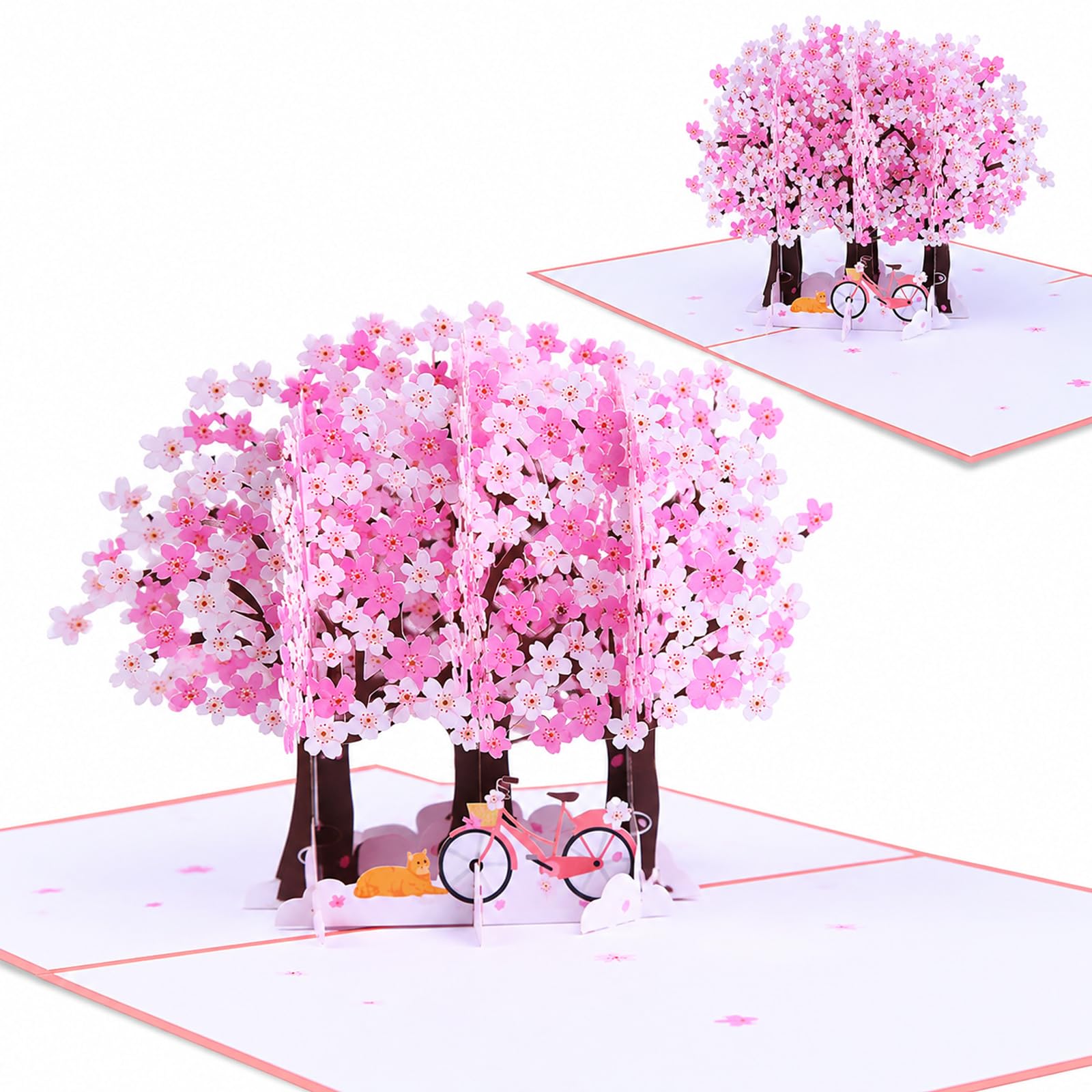 3D Pop Up Greeting Card, Cherry Blossom Sakura Trees With Bicycle and Cat, Romantic Valentines Day Card for Her Wife Husband Him Couple, Wedding Anniversary Birthday
