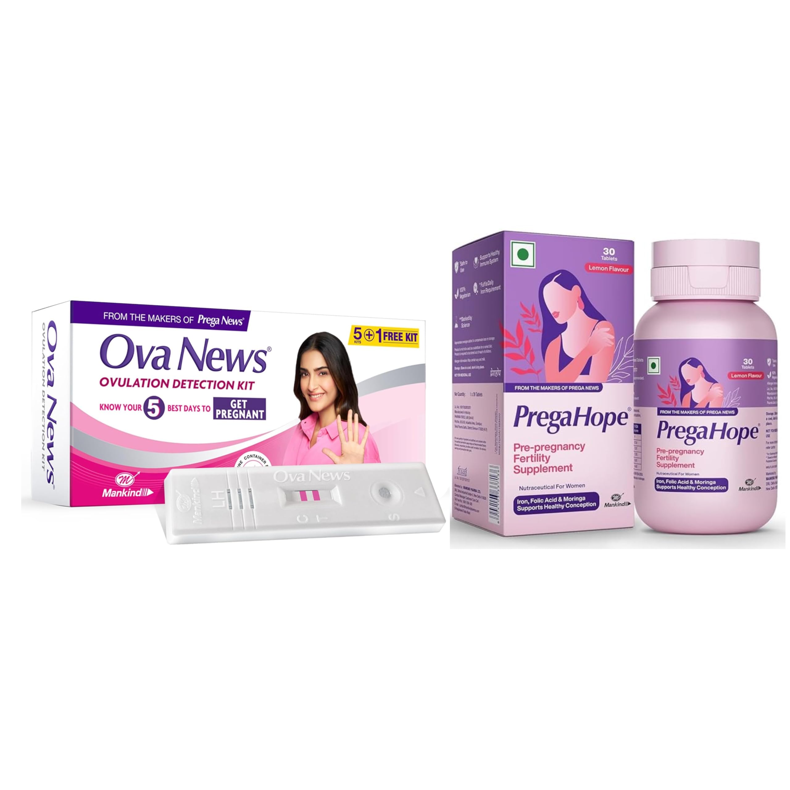 Ova News Ovulation Detection Kit for women planning pregnancy - 6 strips by Mankind & PregaHope Pre-pregnancy Fertility Supplement with Iron Folic Acid & Moringa | 30 Tab-image-18