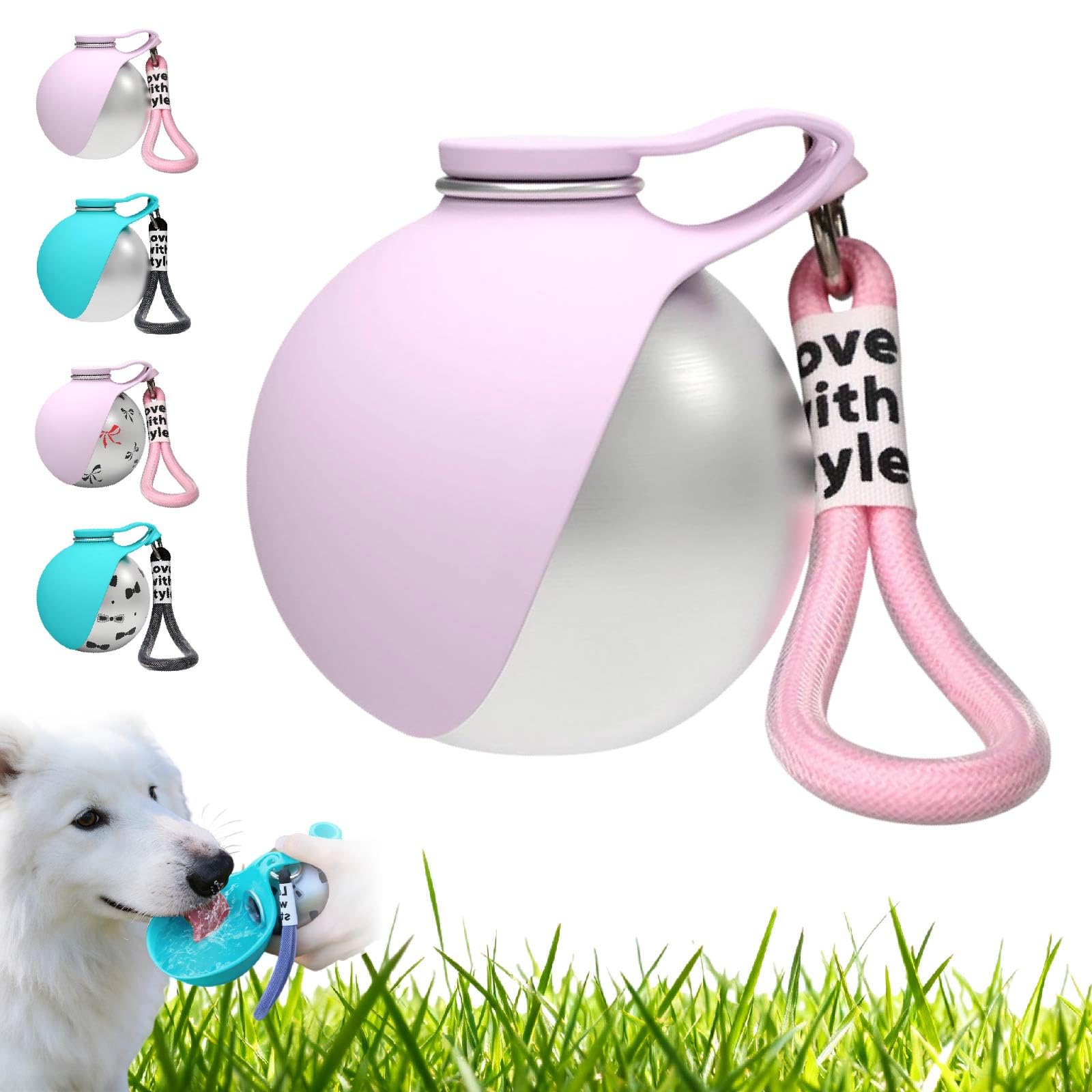 2-in-1 Dog Water Bottle- Portable Stainless Steel Dog Travel Water Bottle with Foldable Silicone Bowl, Leakproof 285ml Puppy Drinking Dispenser Flask for Walking (Pink)