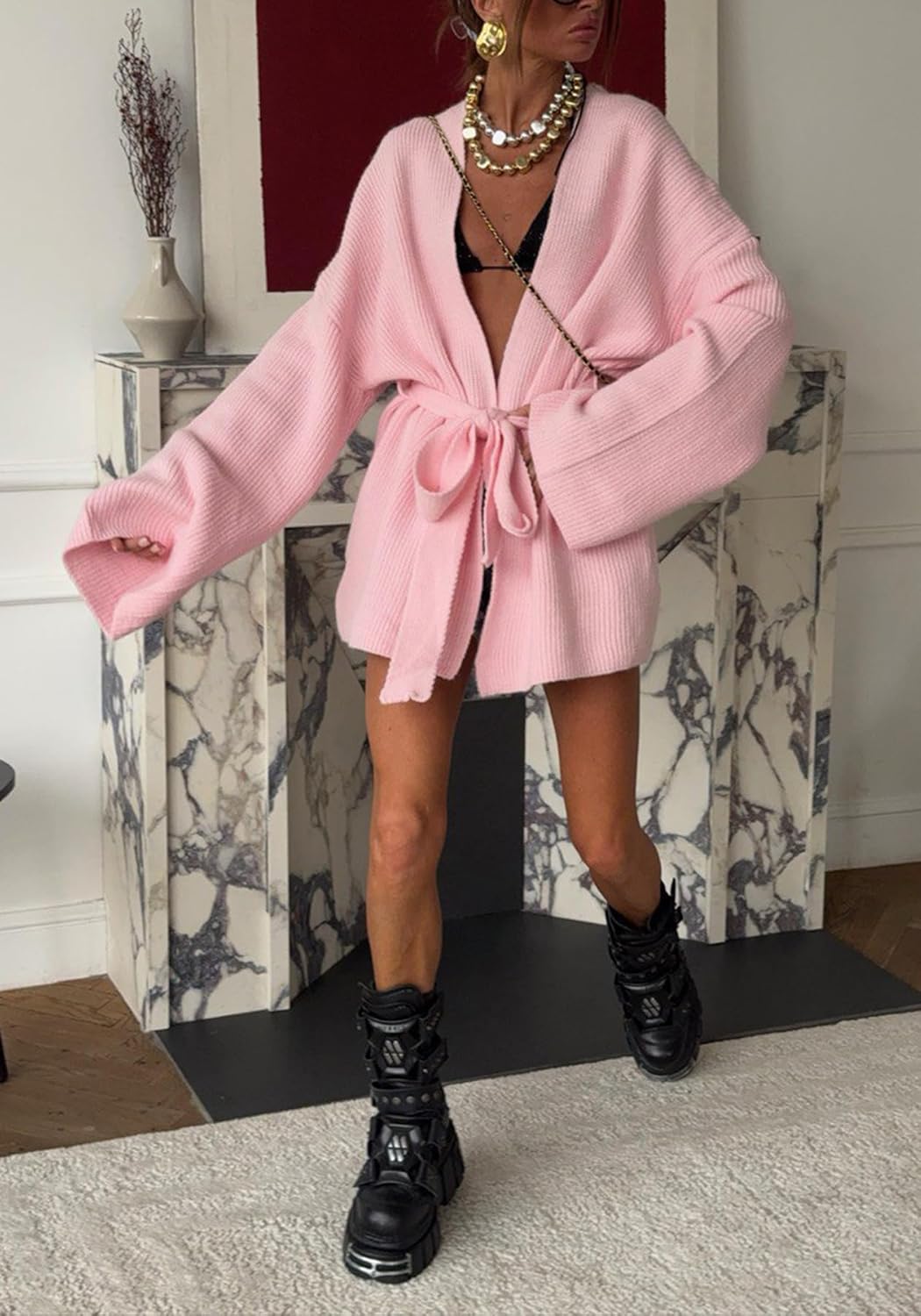 LKOUS Women's Long Sleeve Lightweight Soft Sweater V Neck Lace Up Waist Open Front Solid Knit Cardiagns with Belt - Image 7