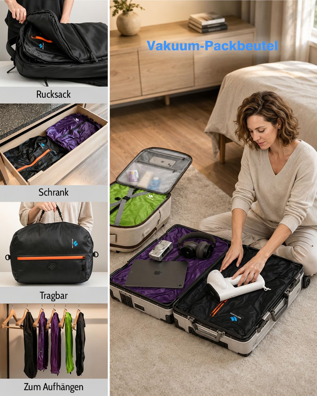 Zurligi 39L Vakuumbeutel-Reiseset mit Pumpe, Nylon, Griff, Schwarz, 3 Stück | Wiederverwendbare, wasserdichte Kompressionsbeutel aus reißfestem Nylon mit Griff für Kleidung, Handgepäck und Reisekoffer