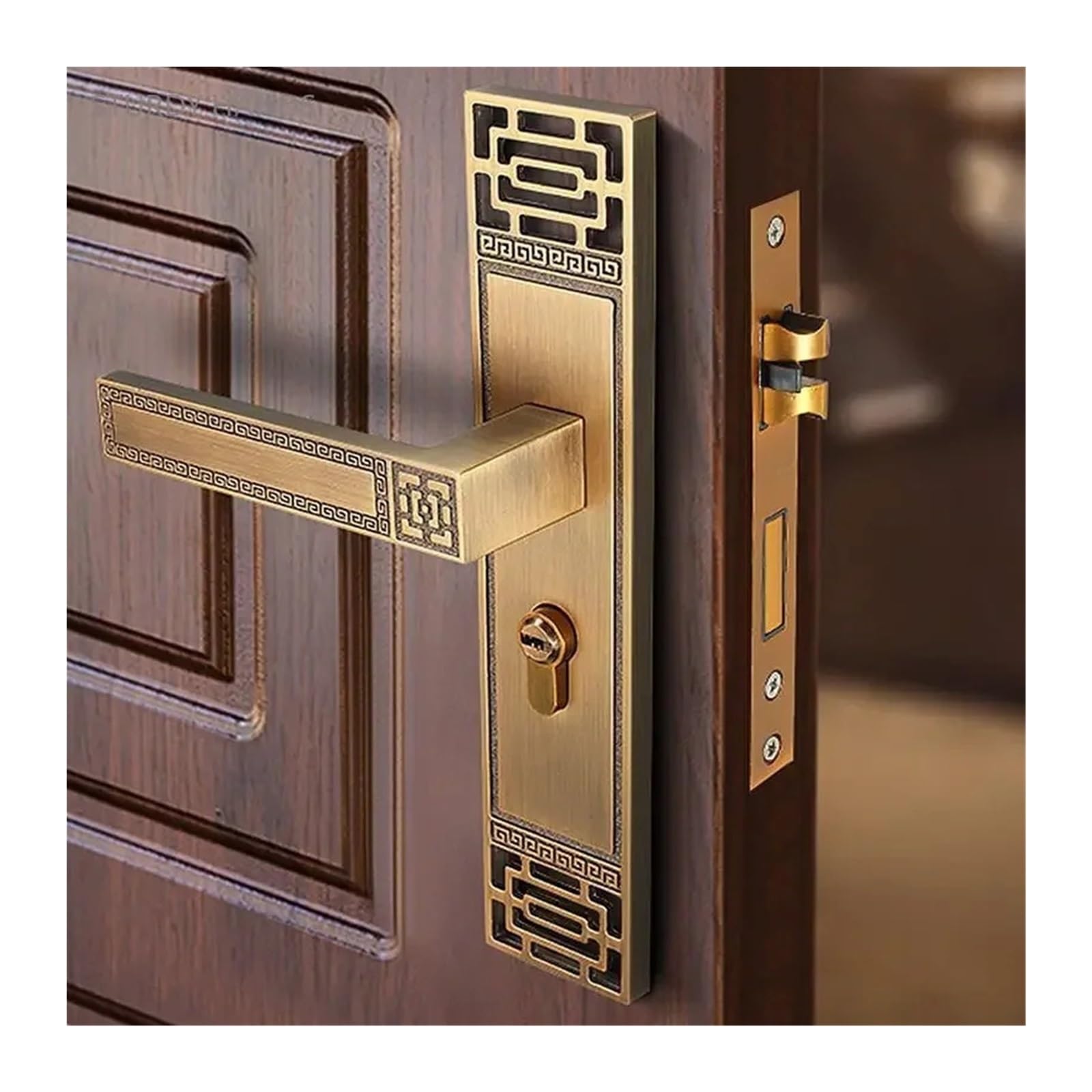 Serrure porte silencieuse pour chambre avec poignée effet bois et clé