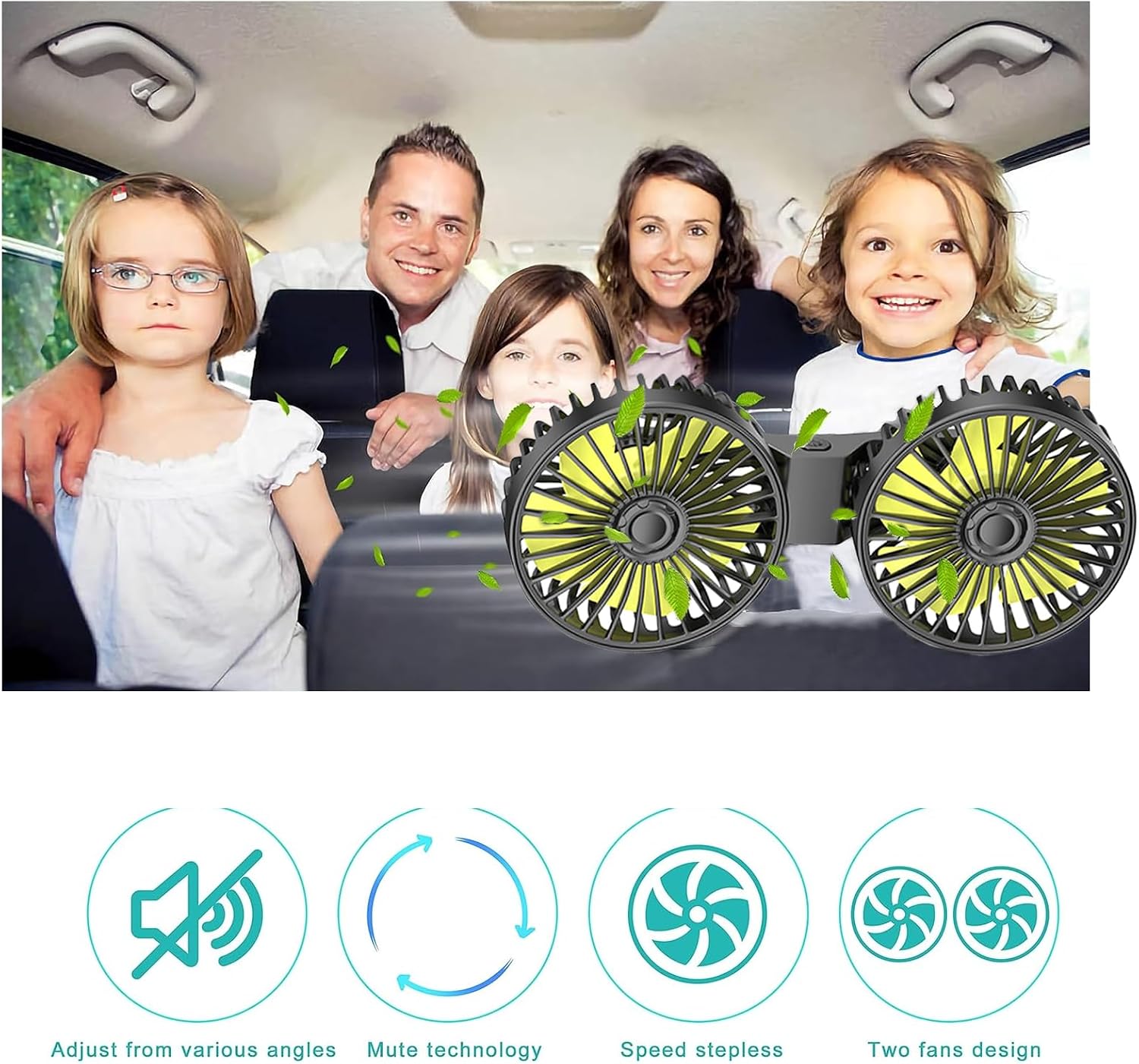 Car Fan, Dual Head USB Car Fans for backseat for kids, 3-Speed Air Speed and 360° Rotating Rear Seat Cooling Carseat Fan 5V Powerful Air Circulation Fan for Sedan SUV RV Truck
