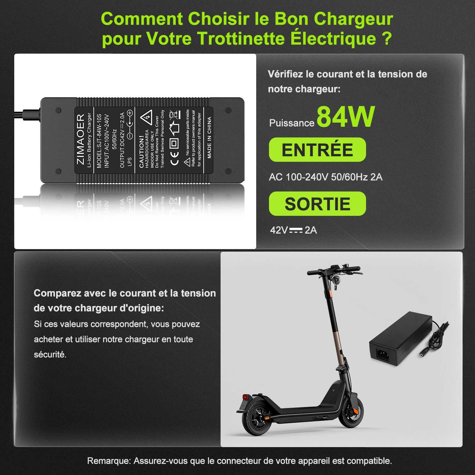 Chargeur trotinette Electrique 42V2A xiaomi Chargeur Trottinette pour ninebot pour Xiaomi M365, Pro, Pro2, Mi 3, 1S, Ninebot E/F/G Series 84 W, Prise DC-8 mm