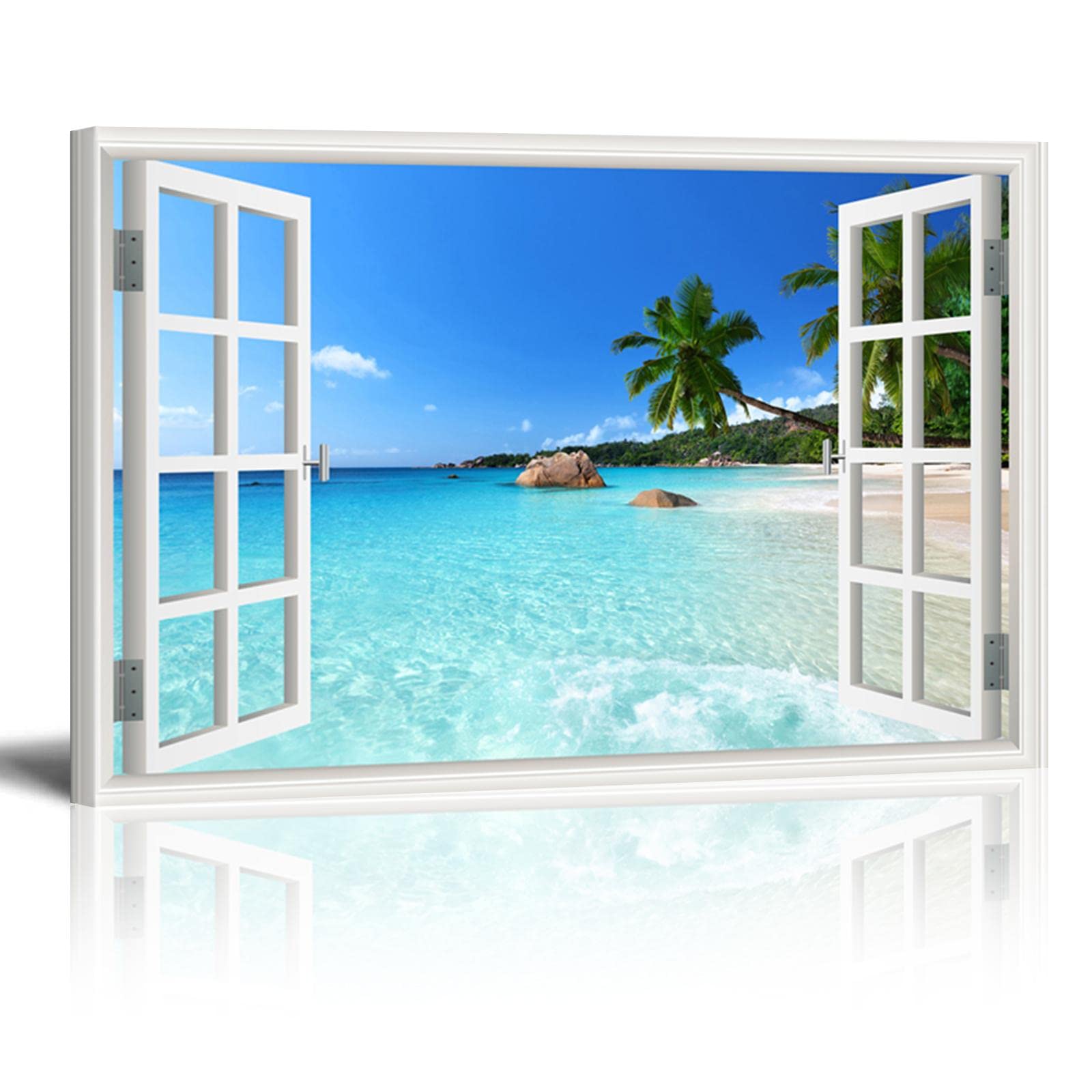 HOLEILUCK Modern Canvas Painting False Window Blue Sea and Palm Tree Scenery Wall Picture Living Room Decor Wall Art Prints 125x80cm/49x32in With Frame — image 1