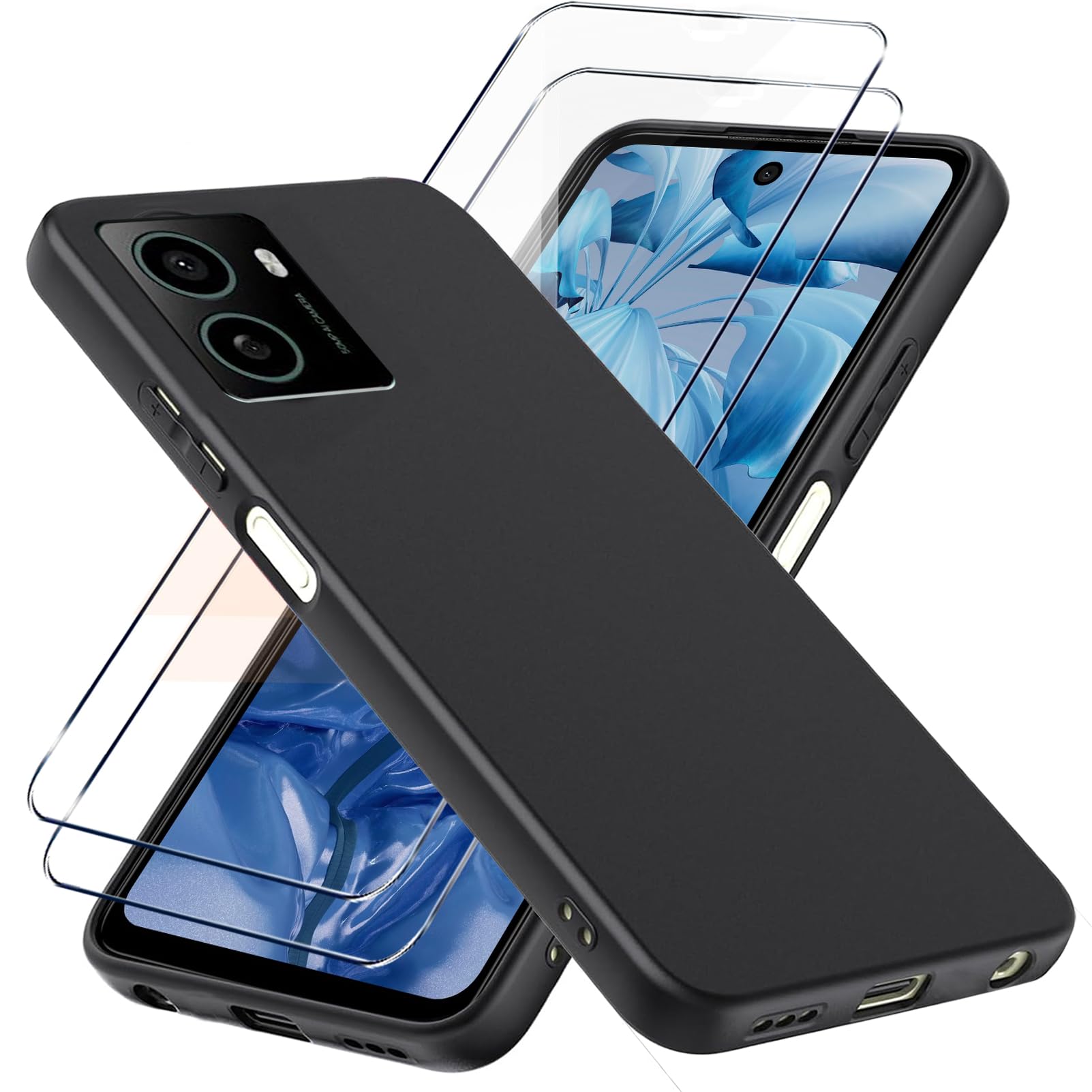 Case & 2Pcs Tempered Glass Clear Silicone Case handyhülle compatible with HMD Pulse Plus/HMD Pulse Pro/HMD Pulse case screen protector Cover Hülle Schutzglas tempered glass Black